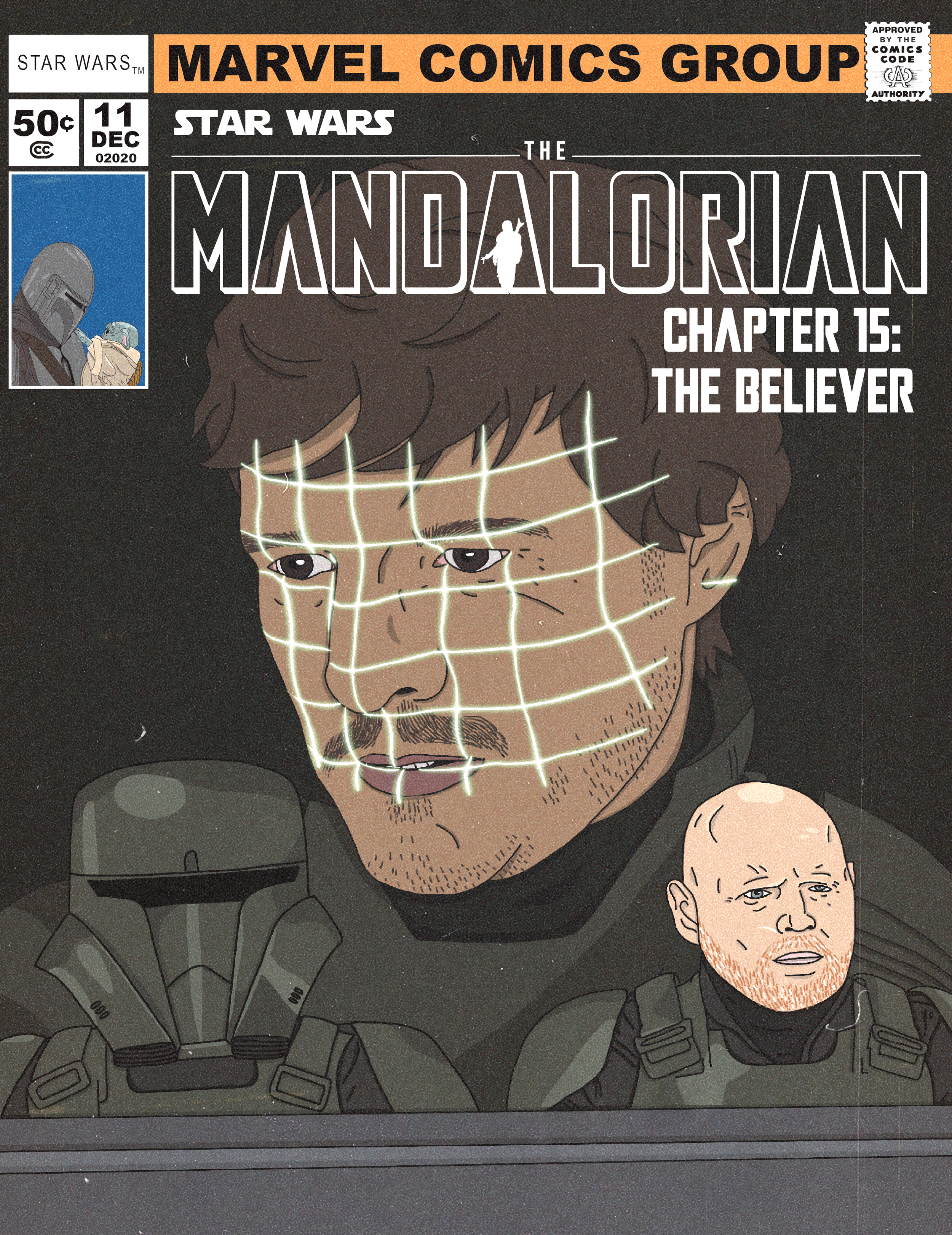 Comic book cover of Star Wars: The Mandalorian, Chapter 15: The Believer. Features a close-up of a man's face with a glowing grid pattern over it, and another man in the background with a beard. The top left has a small image of two characters, one i