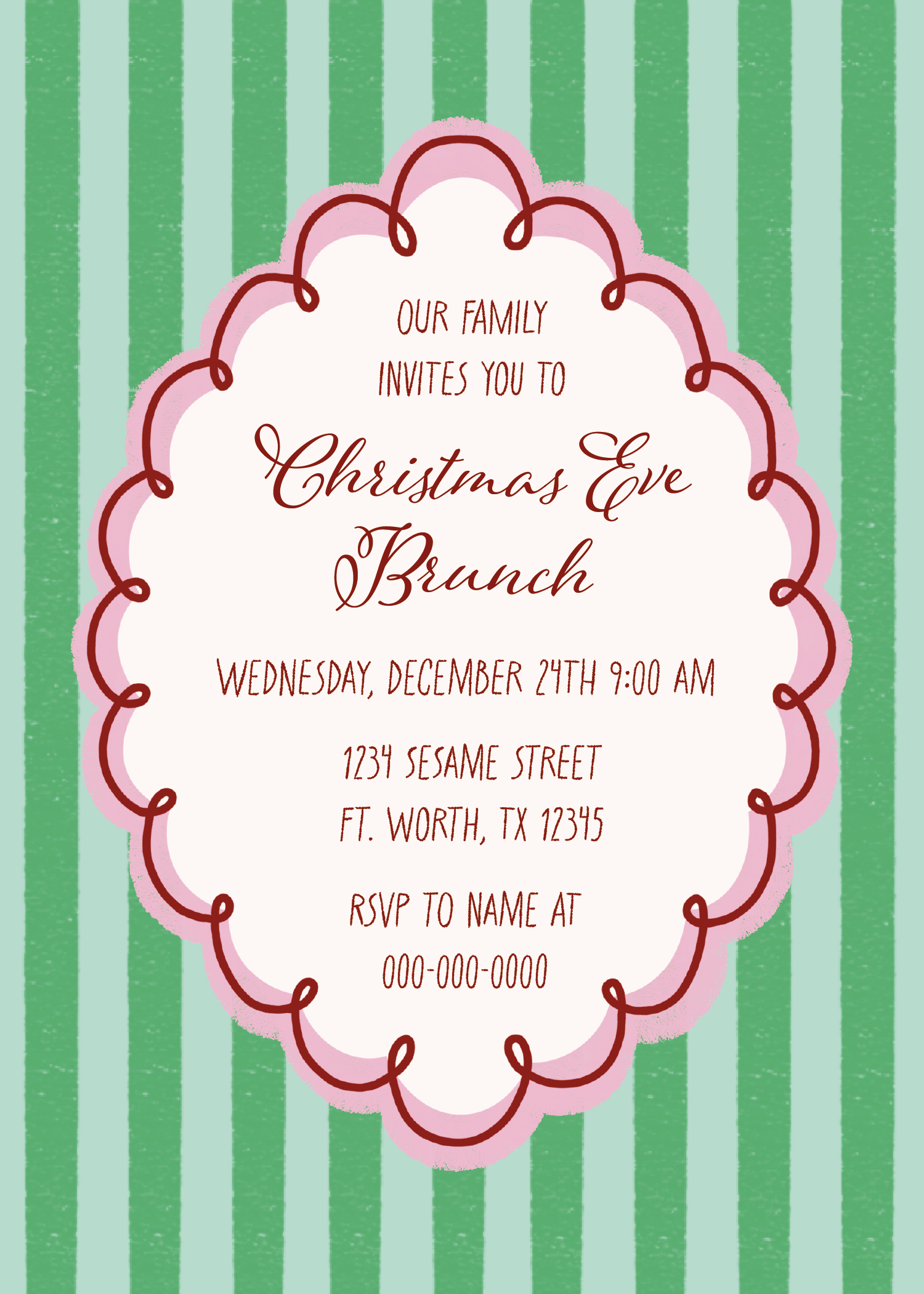 Invitation to a Christmas Eve Brunch with a green striped background, pink and white decorative border around the text, and brown text with details of the event.