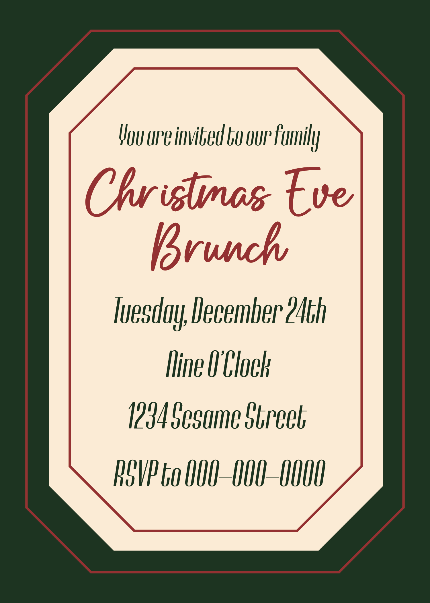 Christmas-themed invitation for a family Christmas Eve brunch on Tuesday, December 24th at 9:00 PM at 1234 Sesame Street with RSVP contact information.