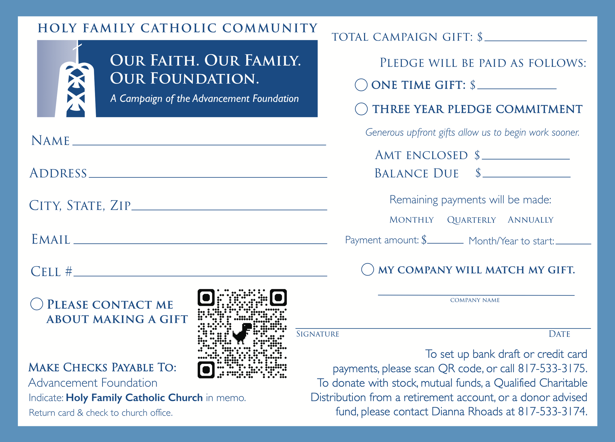 A donation form from Holy Family Catholic Community featuring the title "Our Faith. Our Family. Our Foundation." and a prayer campaign for donations, with sections for personal information, donation amount, and payment details. The form includes a QR