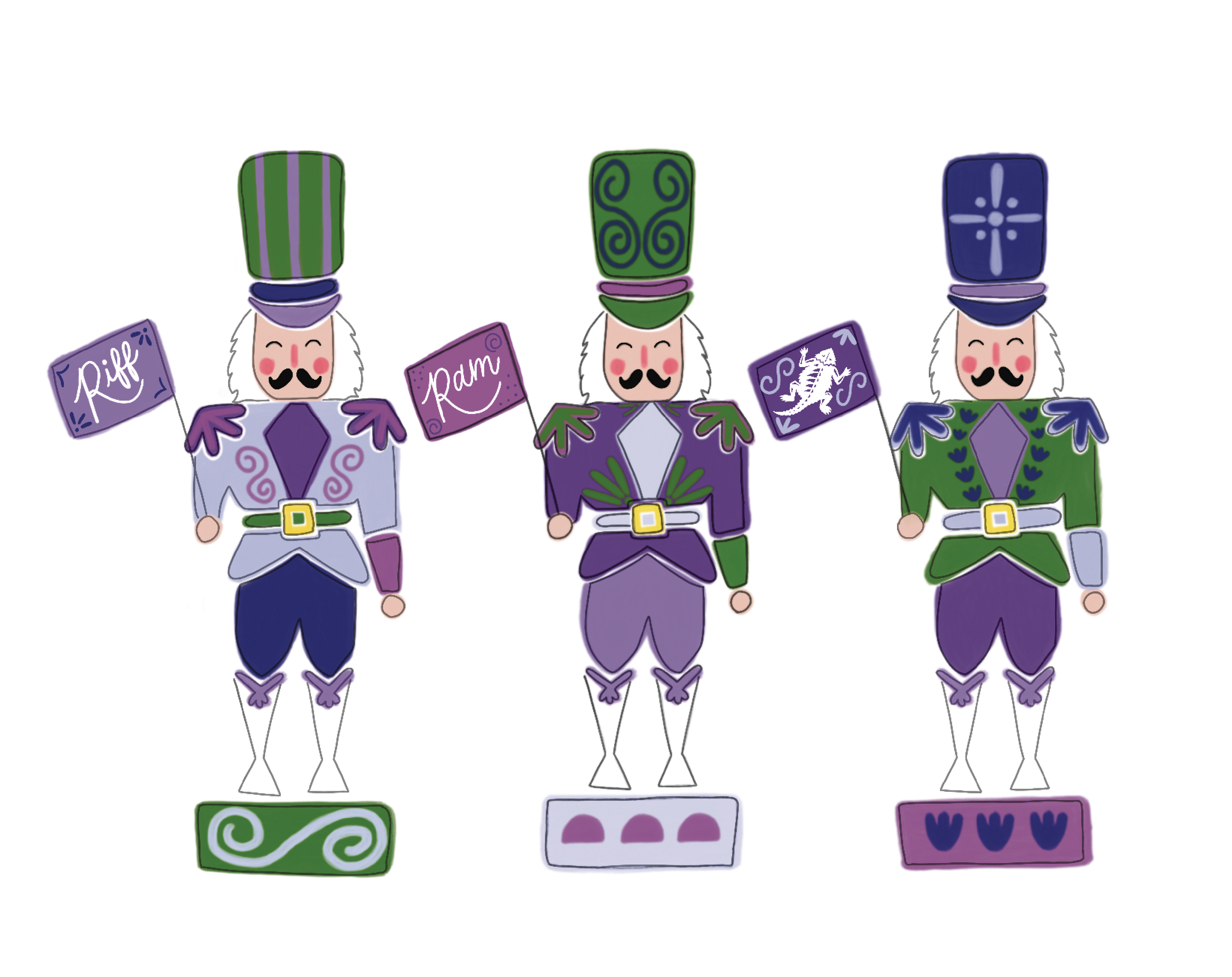 Colorful illustration of three toy soldiers with tall hats, each holding a flag. The soldiers are dressed in purple, green, and blue costumes with intricate patterns and smiling faces.