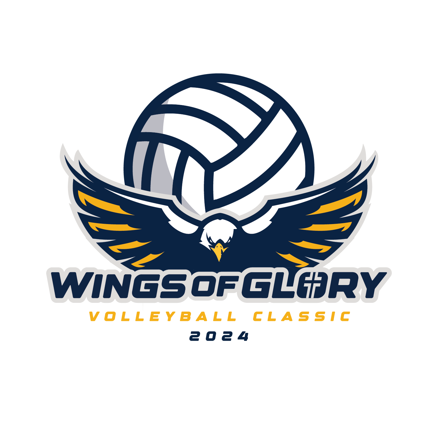 Logo for Wings of Glory Volleyball Classic 2024 featuring an eagle with outstretched wings and a volleyball.