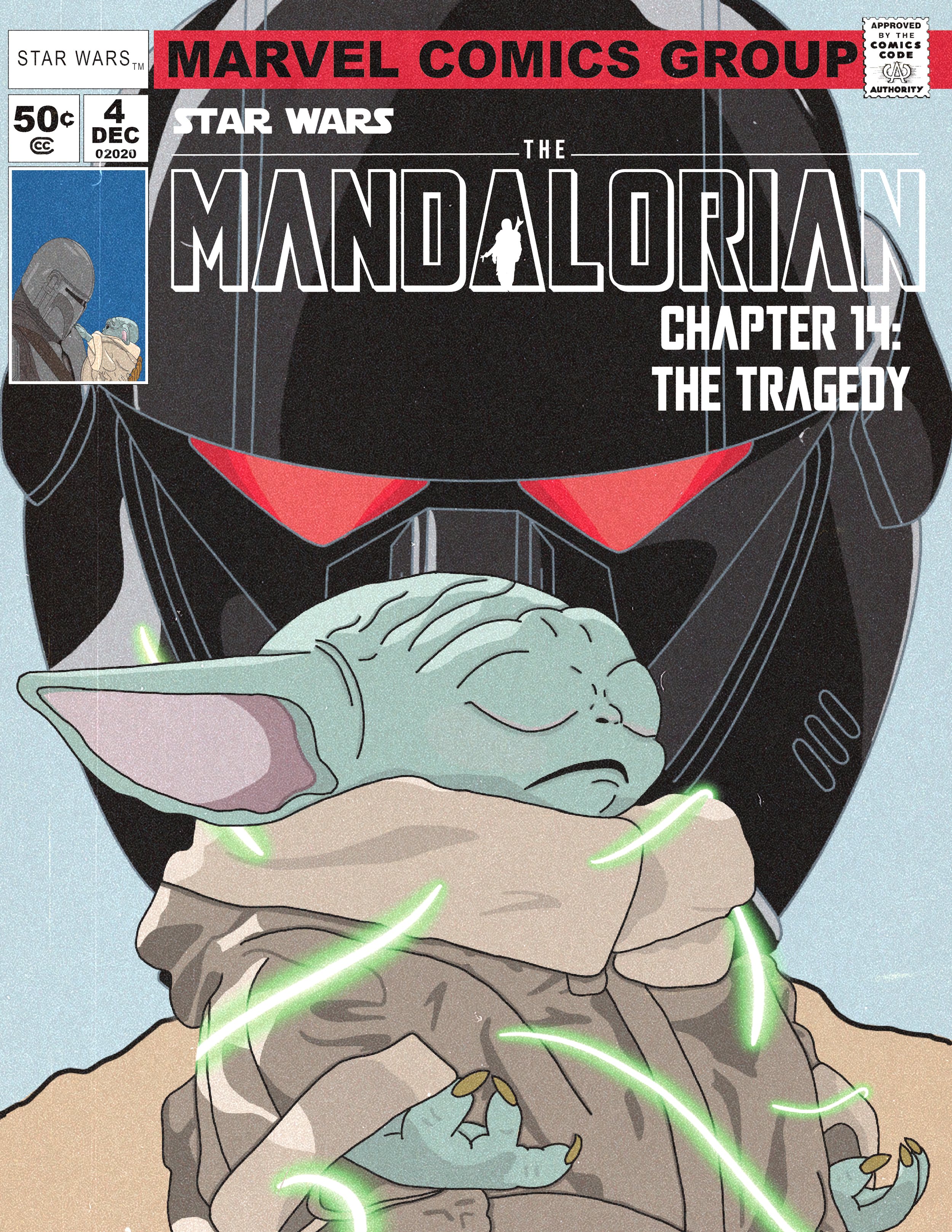 Cover of Star Wars comic featuring The Mandalorian chapter 14 with Baby Yoda, also known as Grogu, held by an armored character with glowing green lines on their suit.