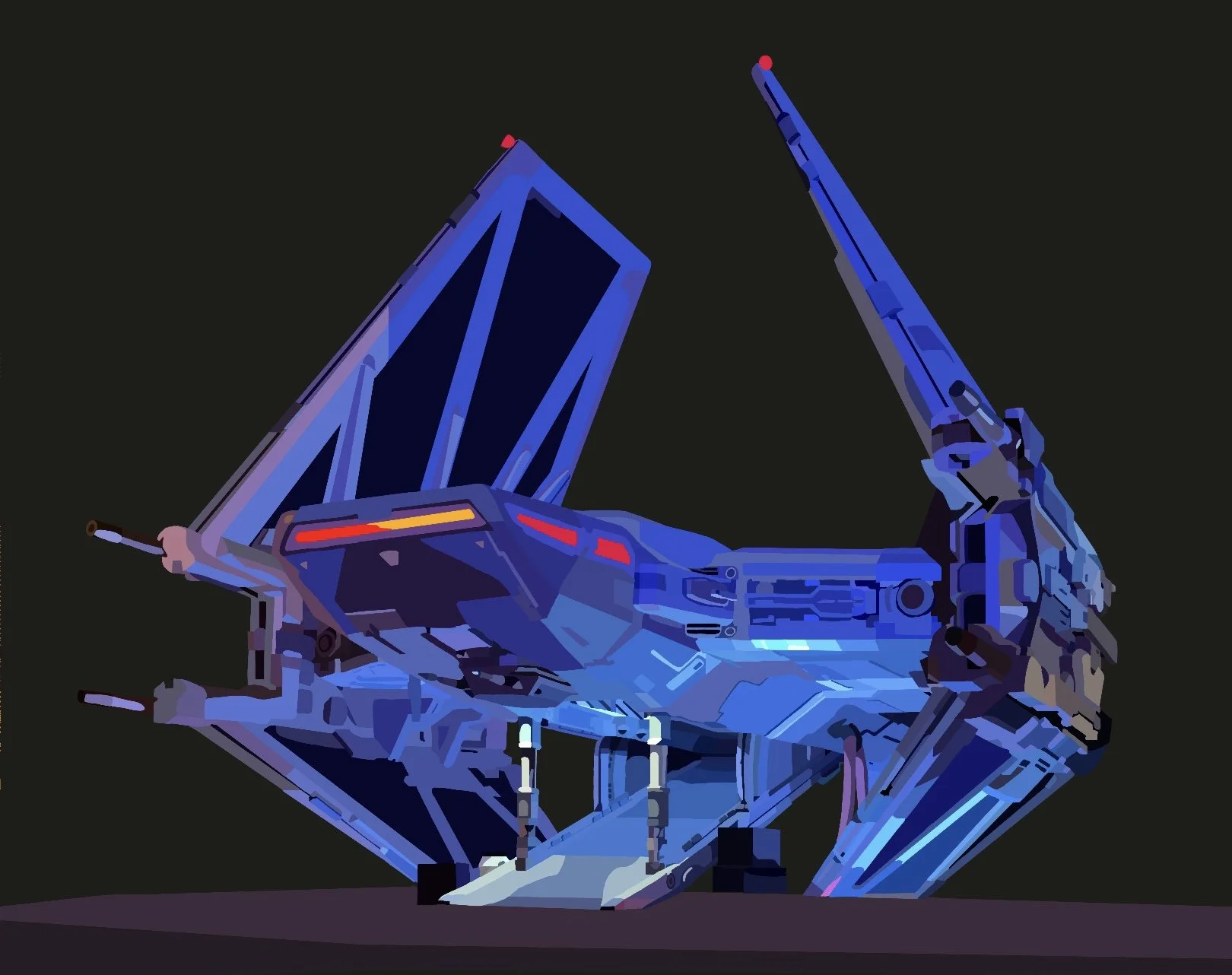 Science fiction spaceship on display with glowing blue and red lights, set against a dark background.