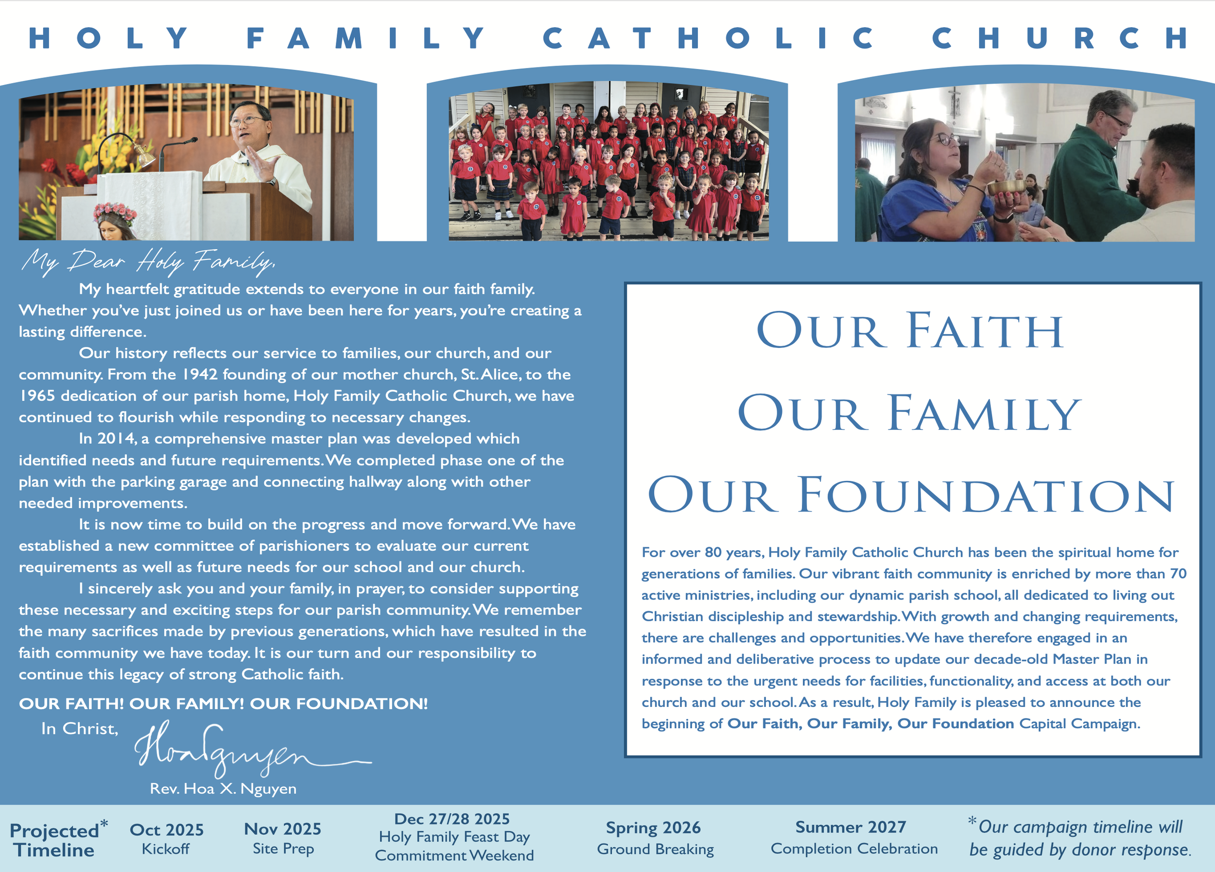A church bulletin or informational poster for Holy Family Catholic Church featuring text about their history, faith, family, and foundation, along with three photos at the top. The left photo shows a priest speaking at a pulpit, the middle photo show