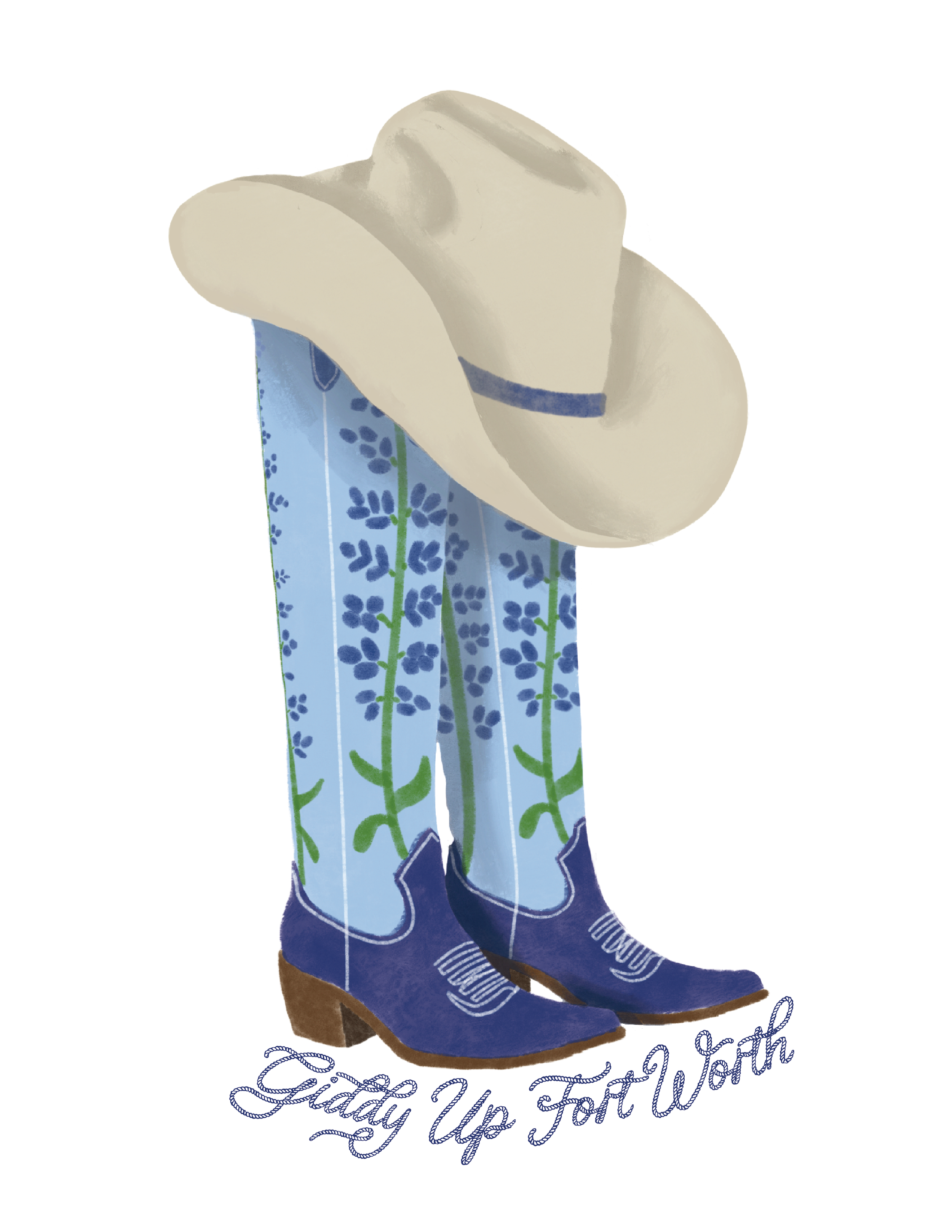 Illustration of cowboy boots with blue floral pattern, a beige cowboy hat with a dark band resting on them, and the phrase 'Giddy Up Fort Worth' below.