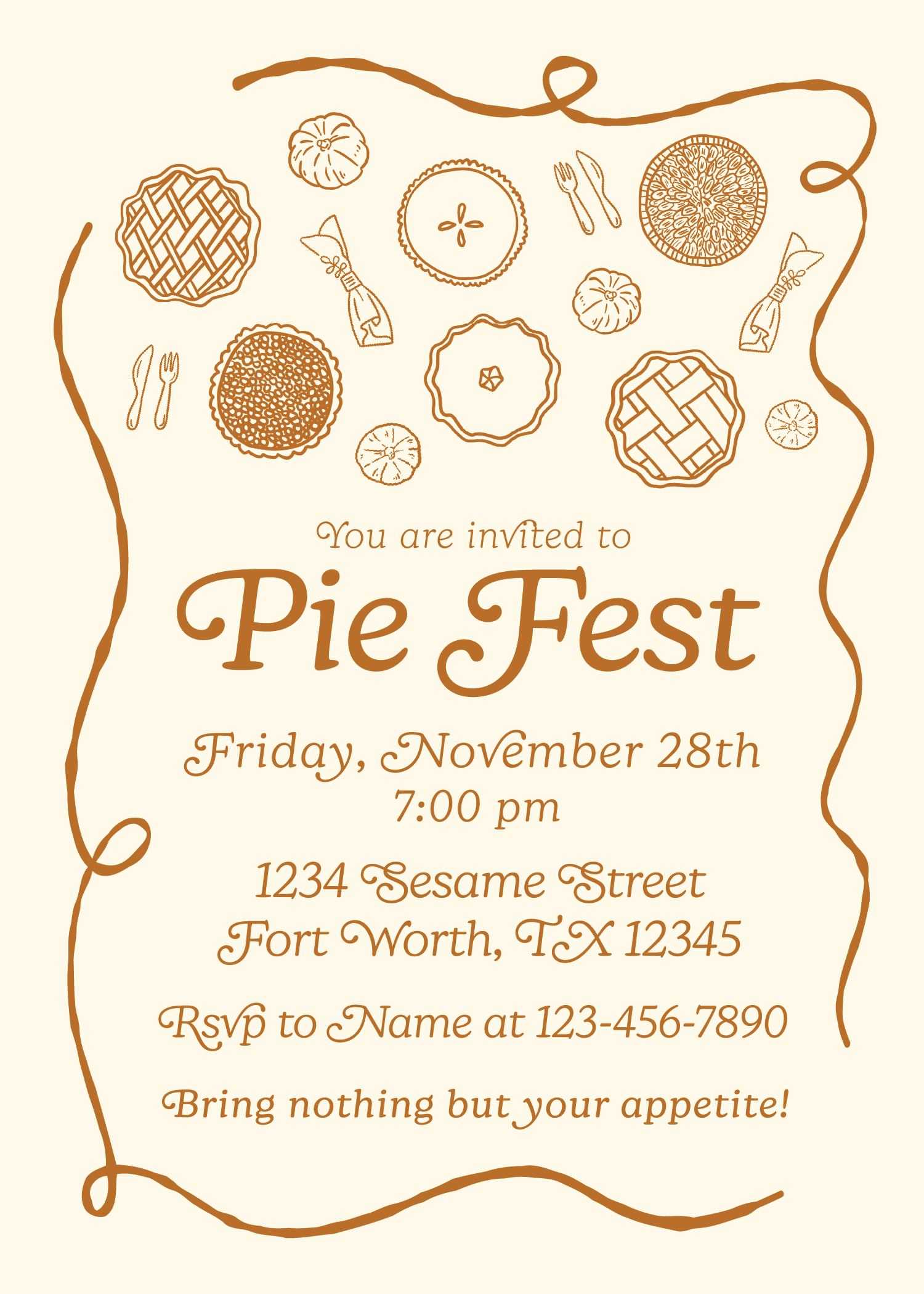 Invitation to a Pie Fest event featuring illustrations of various pies, utensils, and pumpkins in brown lines on a beige background.