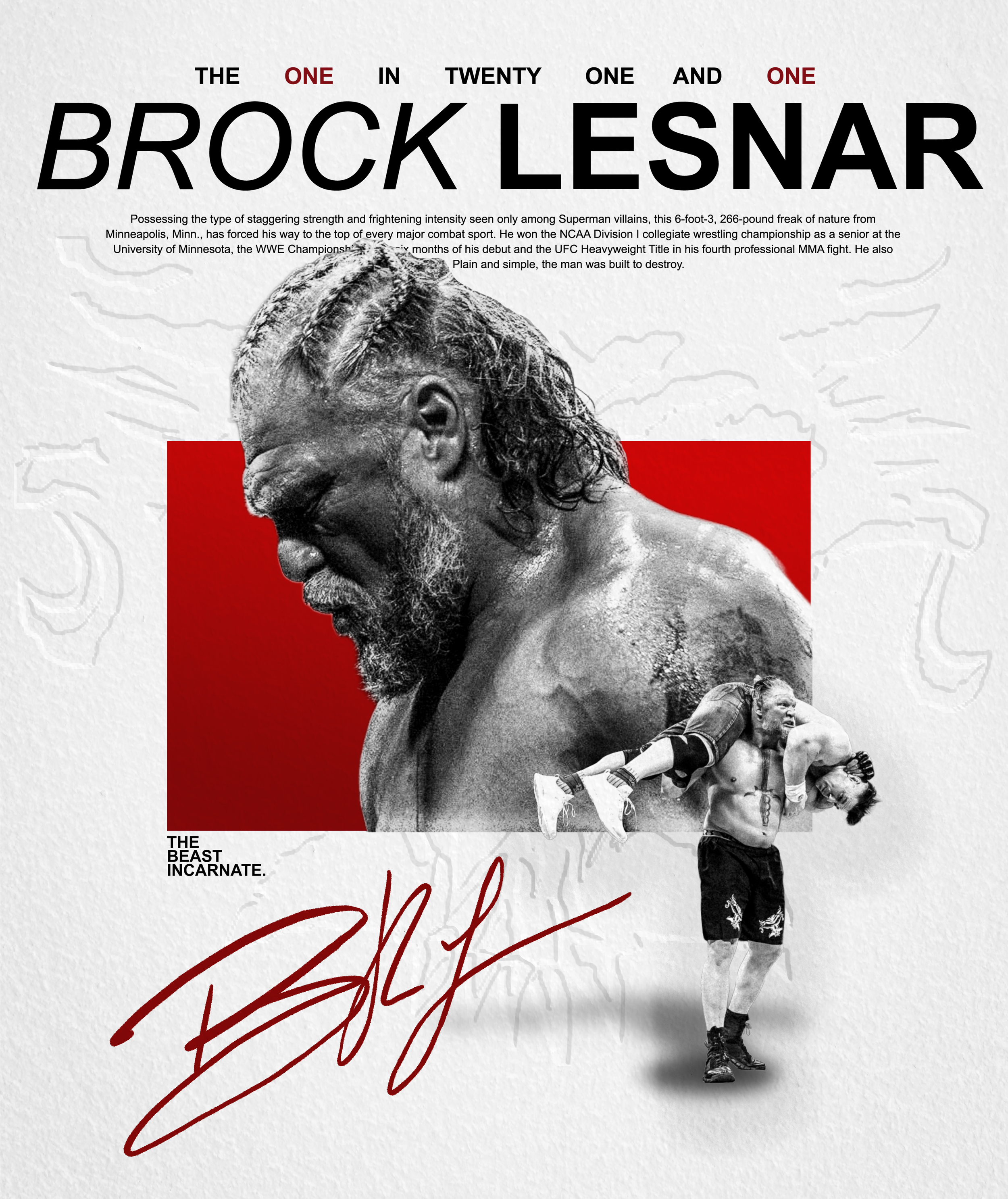A black-and-white photograph of Brock Lesnar with a beard and slicked-back hair, carrying a smaller shirtless man on his shoulders. The smaller man is wearing athletic shorts and sneakers. The background features a red rectangle and faint outlines of