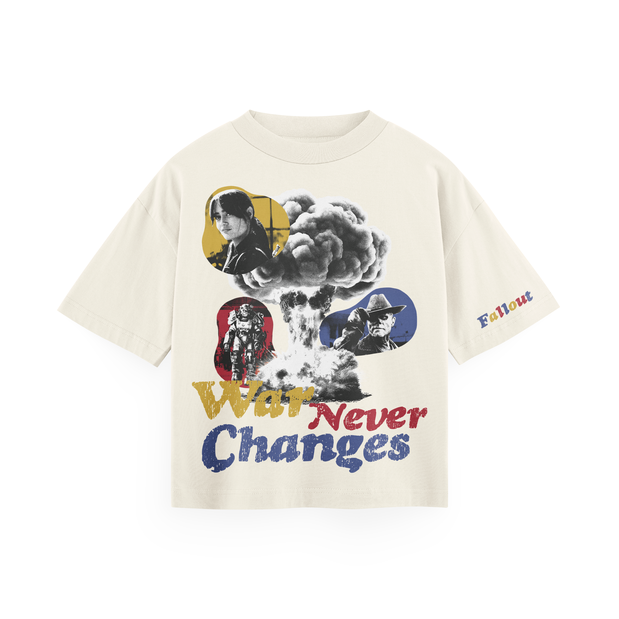 A beige T-shirt with a graphic design featuring black and white images of characters from the game Fallout, a mushroom cloud explosion, and the text 'War Never Changes' in colorful, distressed font. The word 'Fallout' is printed on the sleeve.