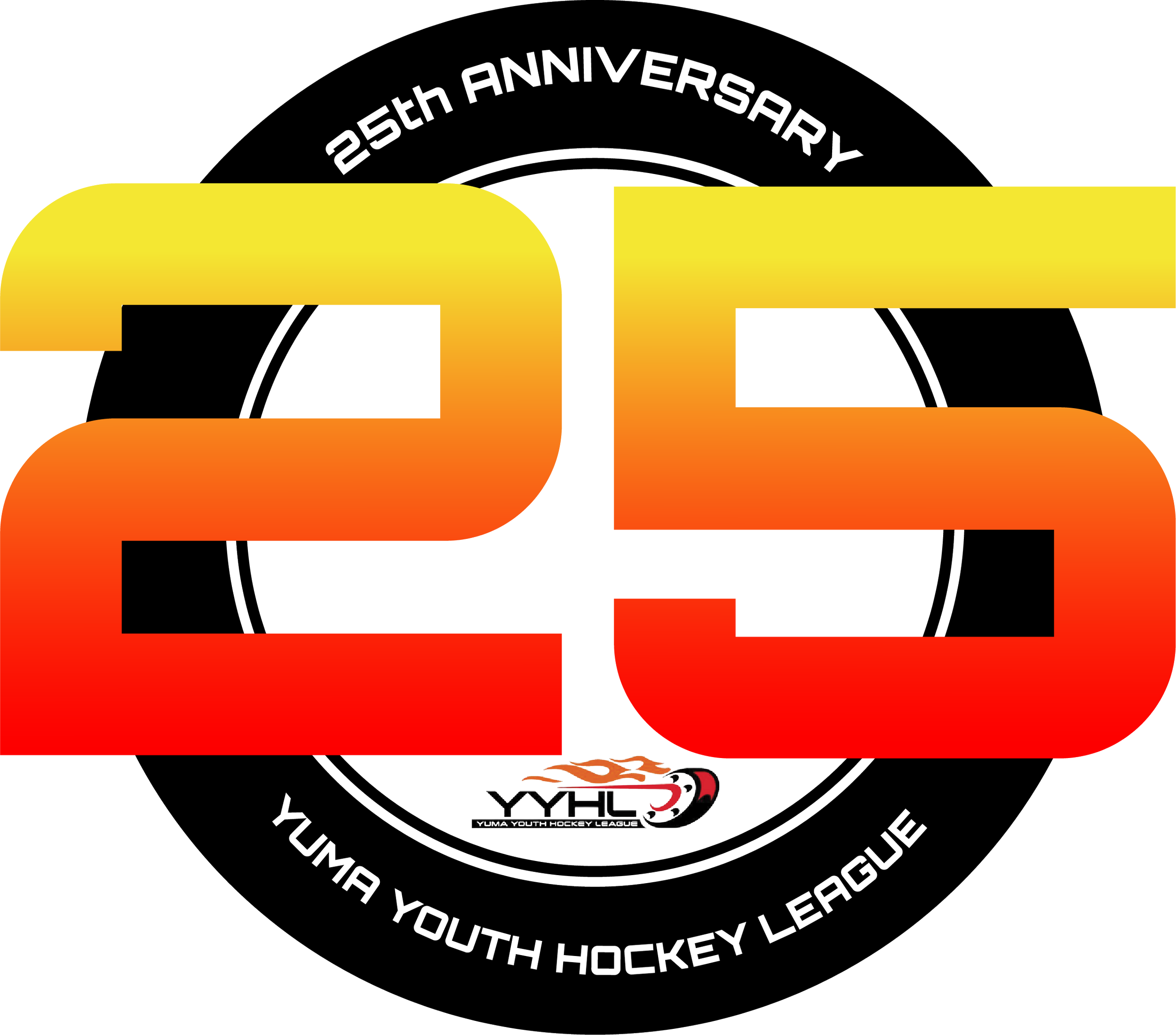 A circular logo celebrating the 25th anniversary of the Yuma Youth Hockey League with the text '25th Anniversary' at the top and 'Yuma Youth Hockey League' at the bottom, featuring a large stylized '25' in gradient yellow, orange, and red overlaying 