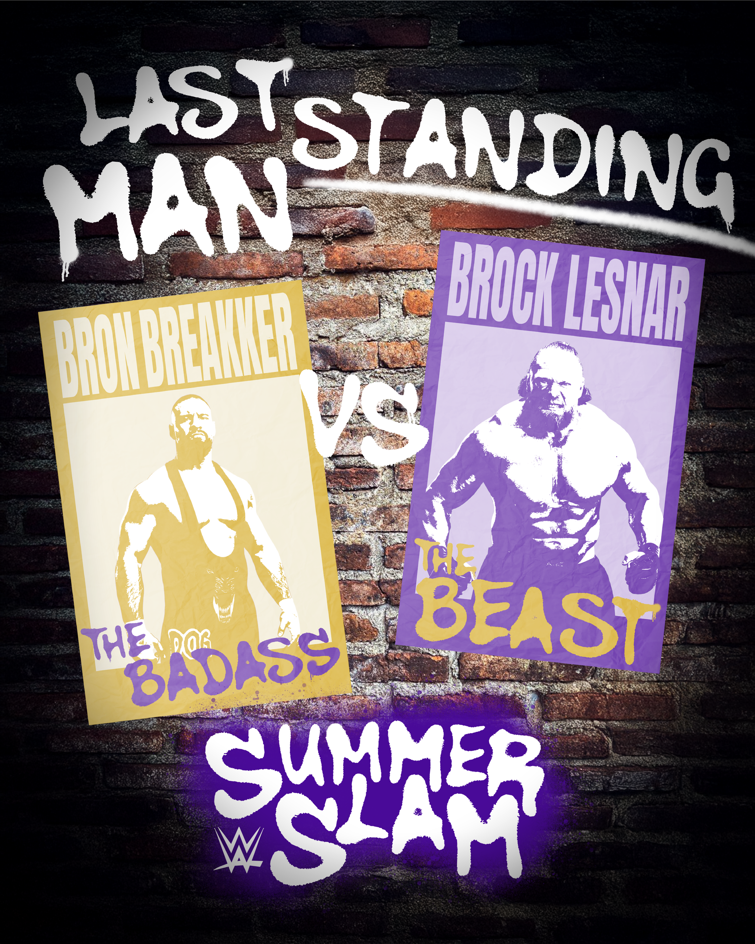 An advertisement for WWE SummerSlam featuring a wrestling match between Bron Breakker and Brock Lesnar. The poster has a graffiti-style design on a brick wall background with yellow and purple posters of the wrestlers, highlighting their nicknames 'T