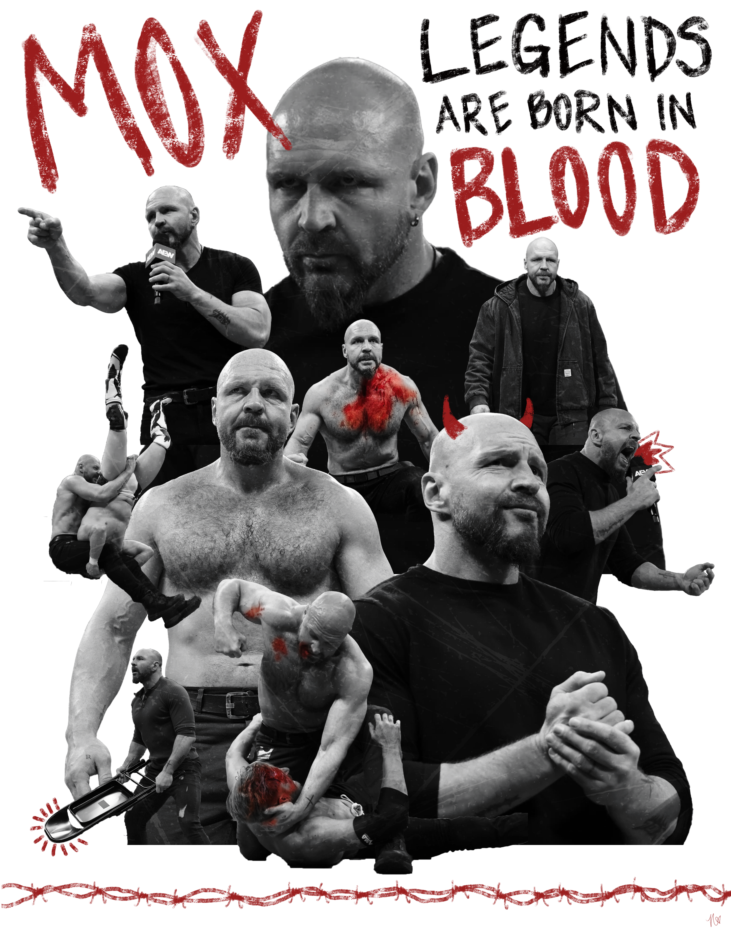 Collage of Mox, a man with a shaved head and beard, in various poses including speaking, flexing, and fighting, with added graphic elements like red horns and blood, and handwritten-style text saying 'Mox Legends are born in Blood'.