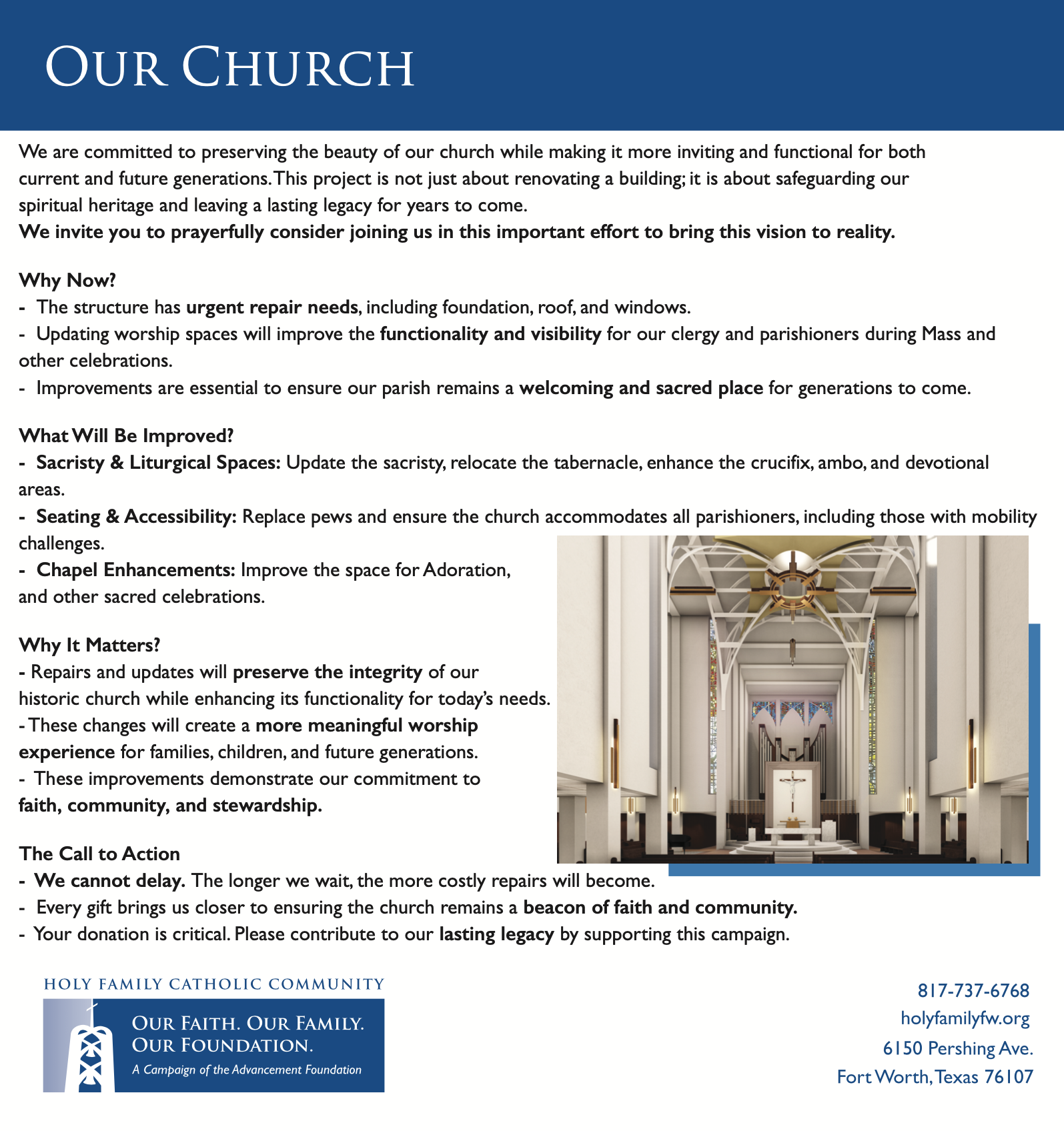 Flyer for church renovation campaign with image of church interior, altar, and stained glass windows.