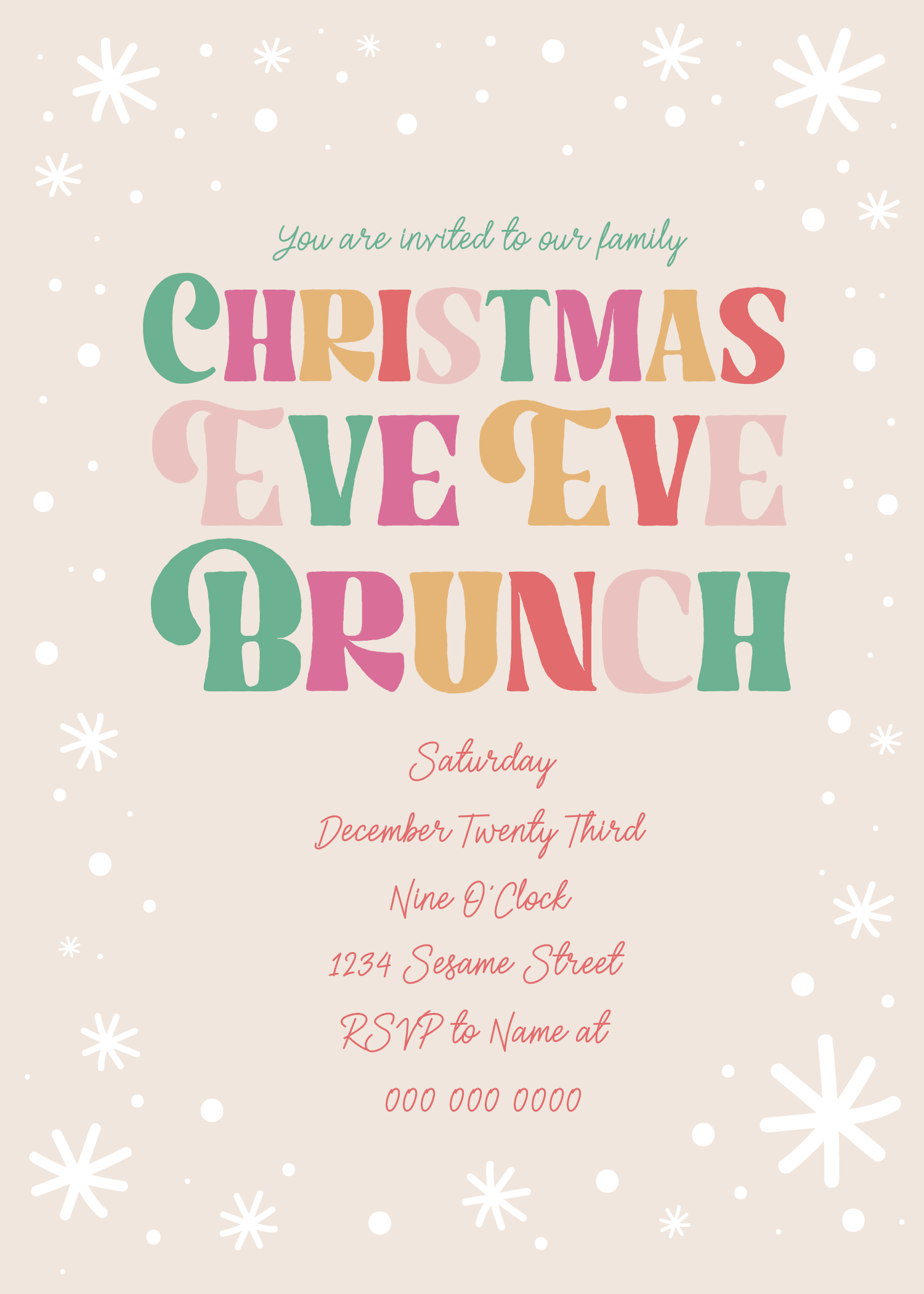 Christmas Eve brunch invitation with colorful, festive text and snowflake decorations.