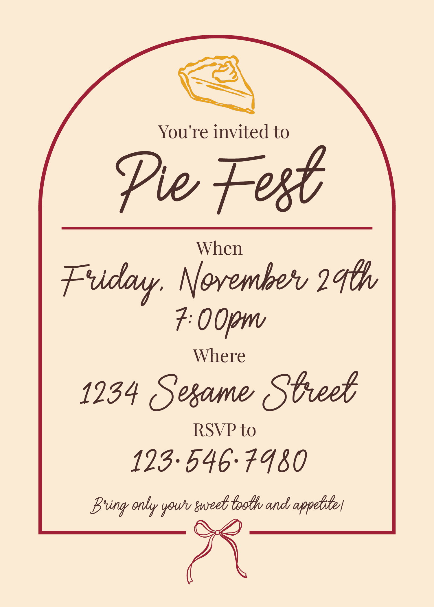 Invitation to a Pie Fest featuring an illustration of a slice of pie at the top. The event details include date, time, location, RSVP, and a note to bring only one's sweet tooth and appetite.