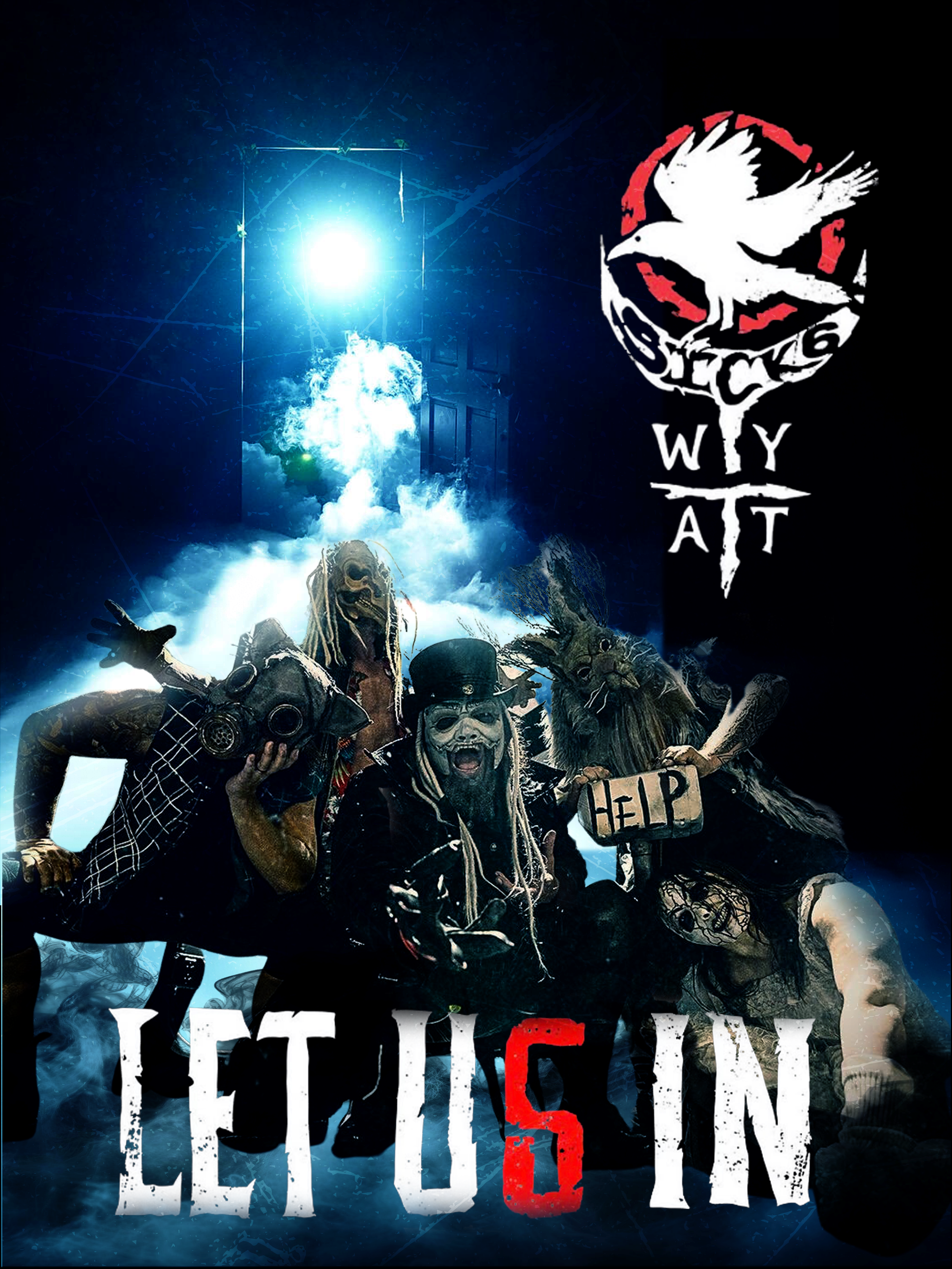 Cover art for 'Let Us In' featuring four individuals in horror-themed costumes, with a bright light and clouds behind them, and a logo with a bird and the words 'Why Attack' in the top right corner.