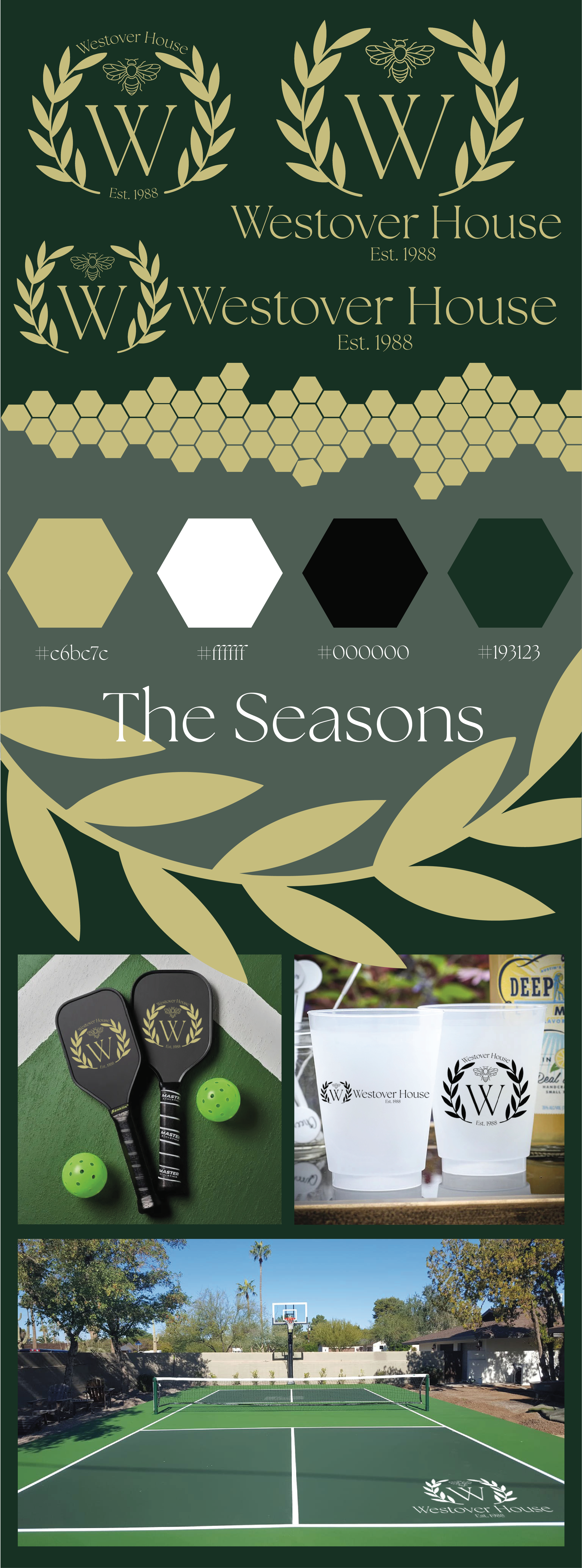 Promotional graphic for Westover House featuring a logo with a bee and laurel wreath, color palette, sports equipment, and an outdoor tennis court with Westover House branding.