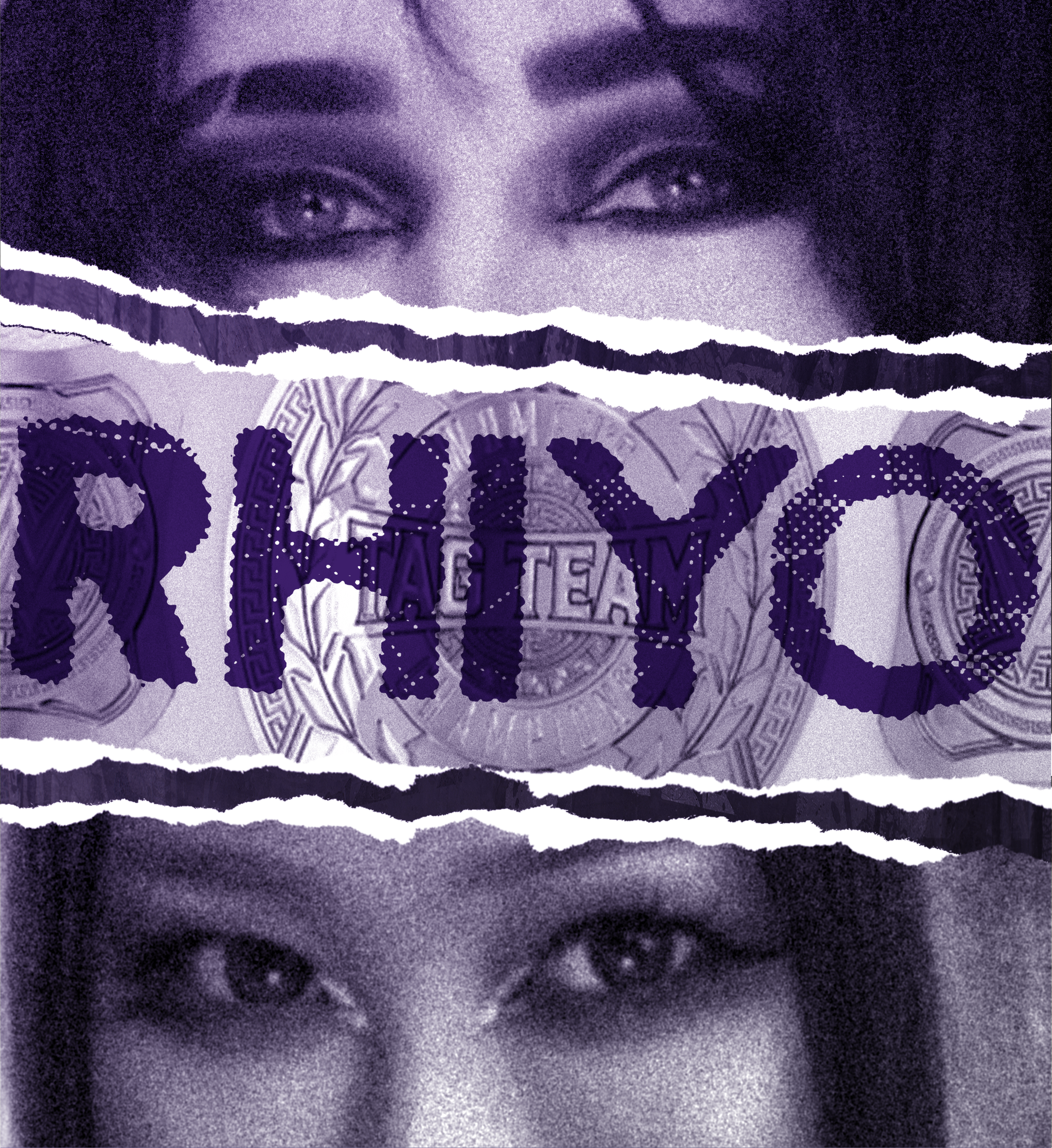 Close-up of a woman's eyes, with a torn paper effect revealing a purple banner with the word "RHIYO" and images of a wrestling title belt underneath.