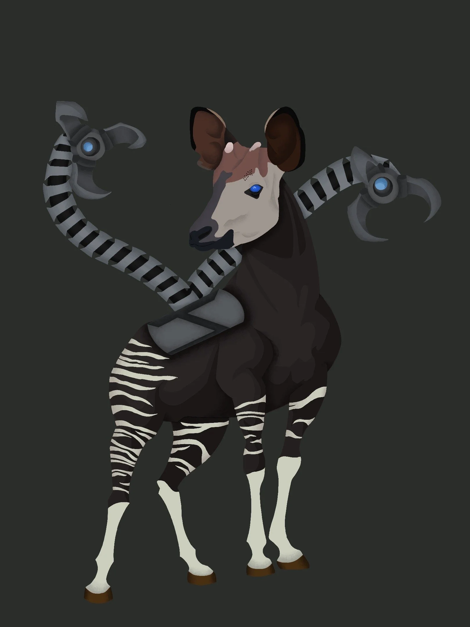A digitally created okapi, featuring robotic arms with claw mechanisms.