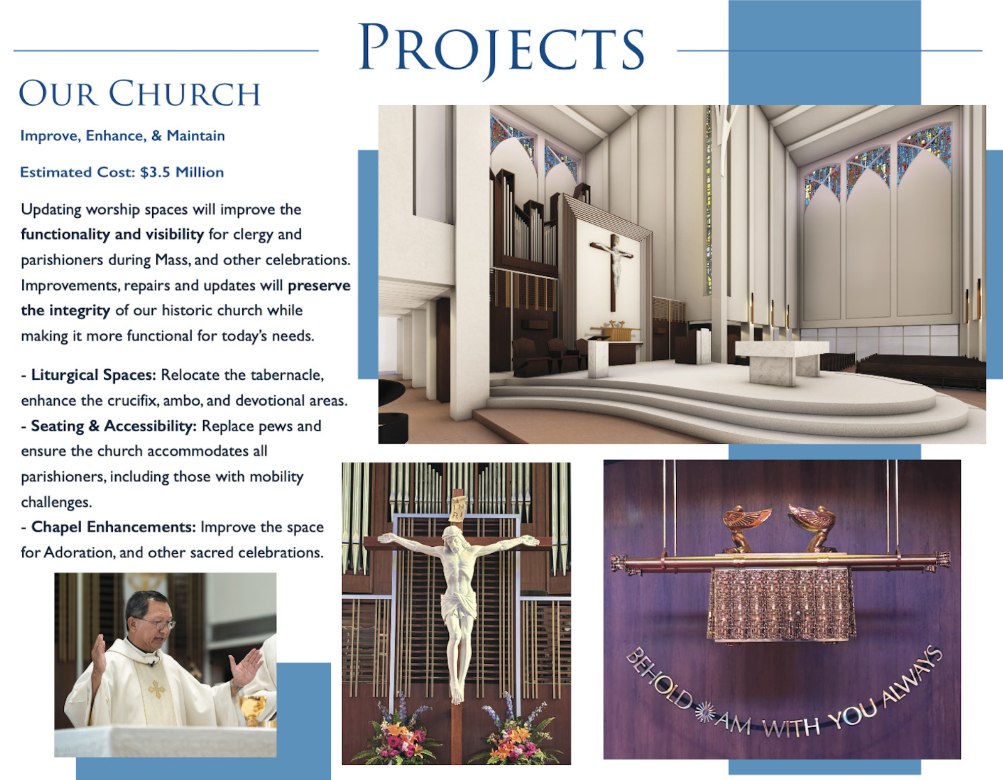 A church interior with an altar, crucifix, and stained glass windows, accompanied by images of religious statues, a priest, and church decorations, illustrating renovation projects.