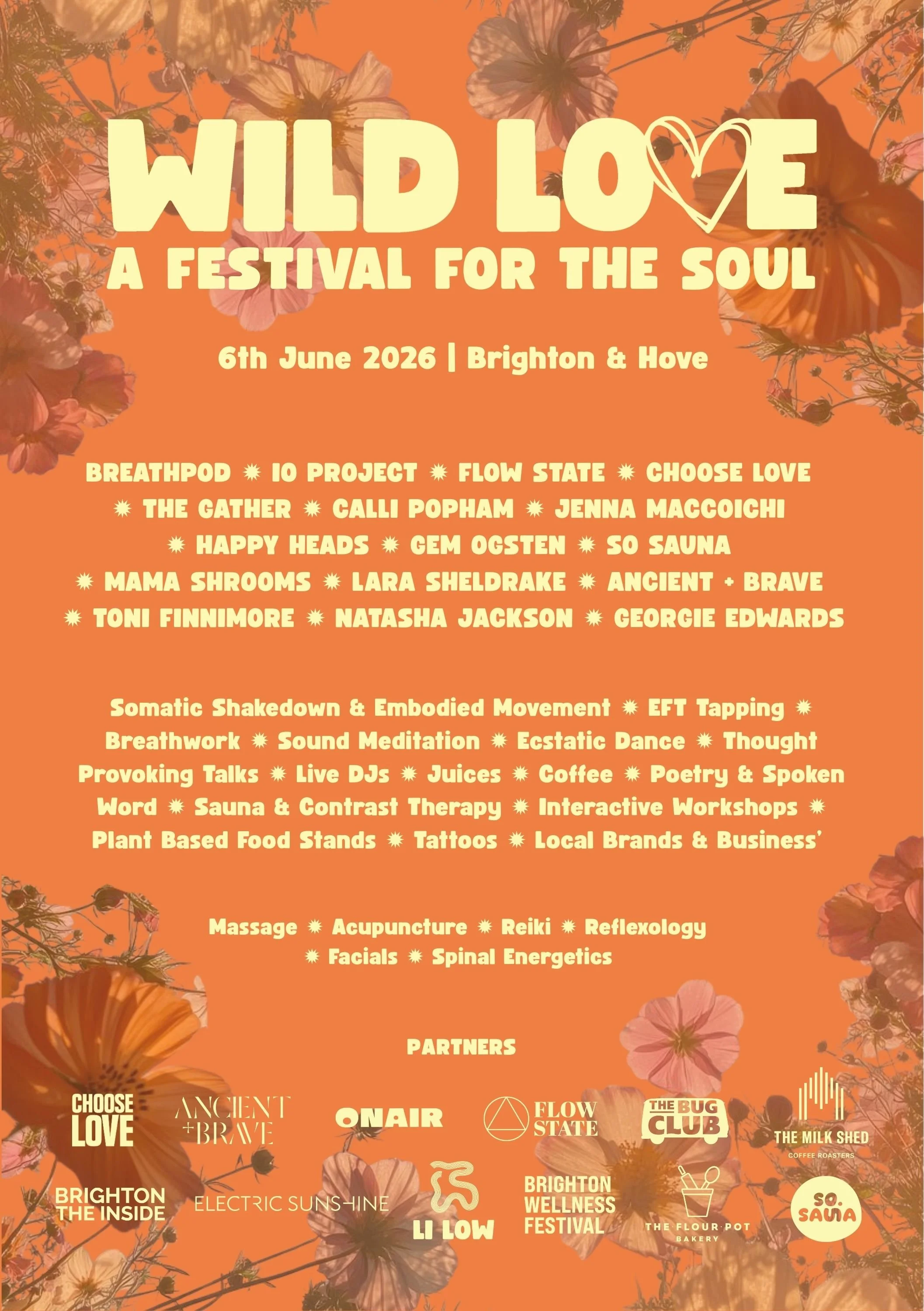 Poster for the WILD LOVE festival on June 6, 2026, at Brighton & Hove, featuring event details, performers, activities, and partner logos on an orange background with floral accents.
