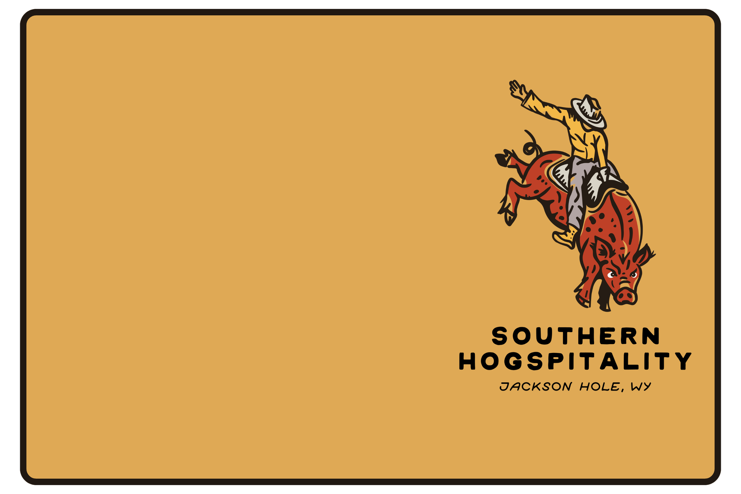 Square with links to menu items on the left. On the right the Southern Hospitality logo, a cowboy riding a hog in a bronco-style fashion.