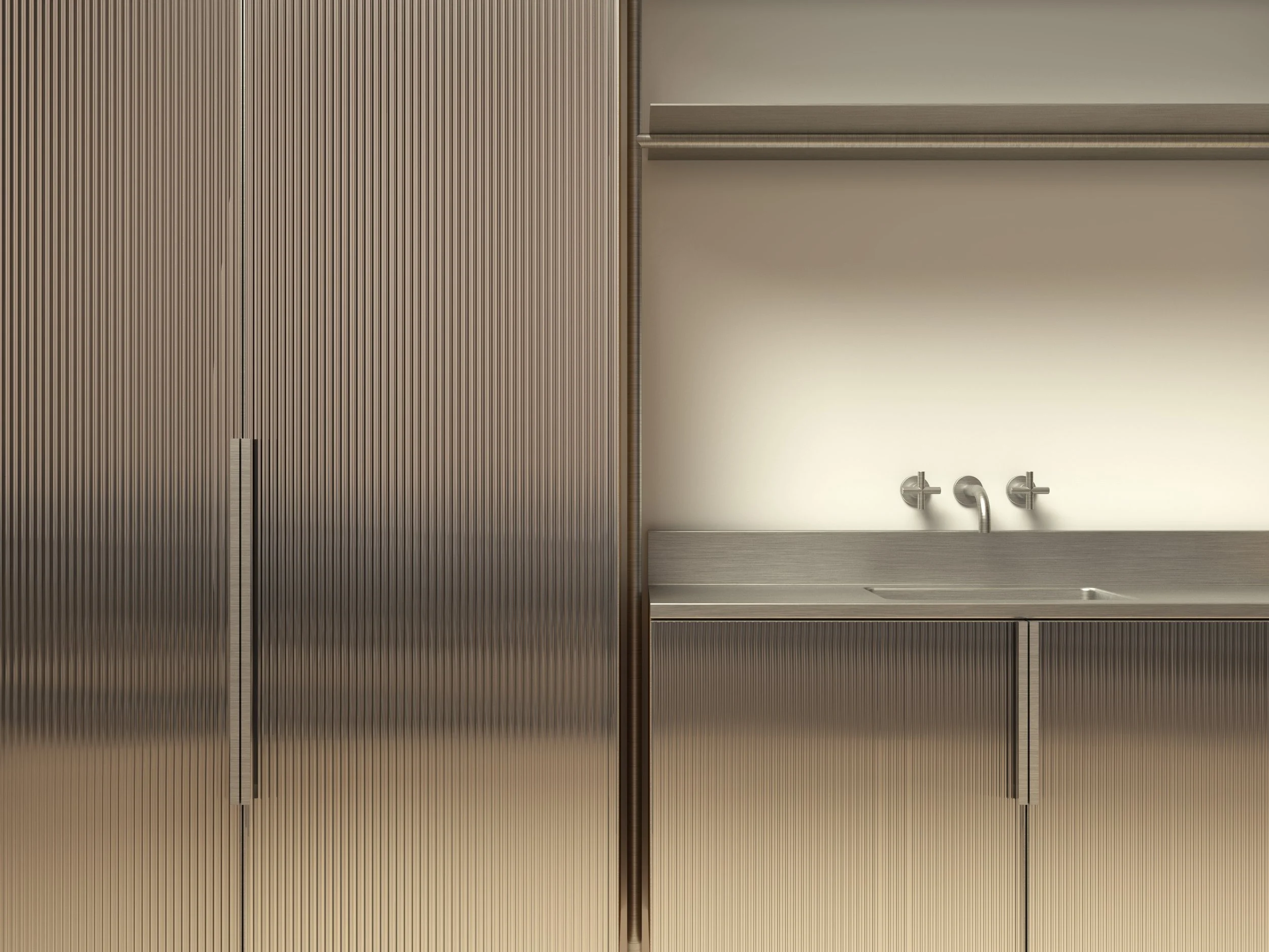 Detail image of Case Study 2 designed by Odami showing the reeded glass and steel texture and integrated steel sink and wall-mounted stainless steel faucet