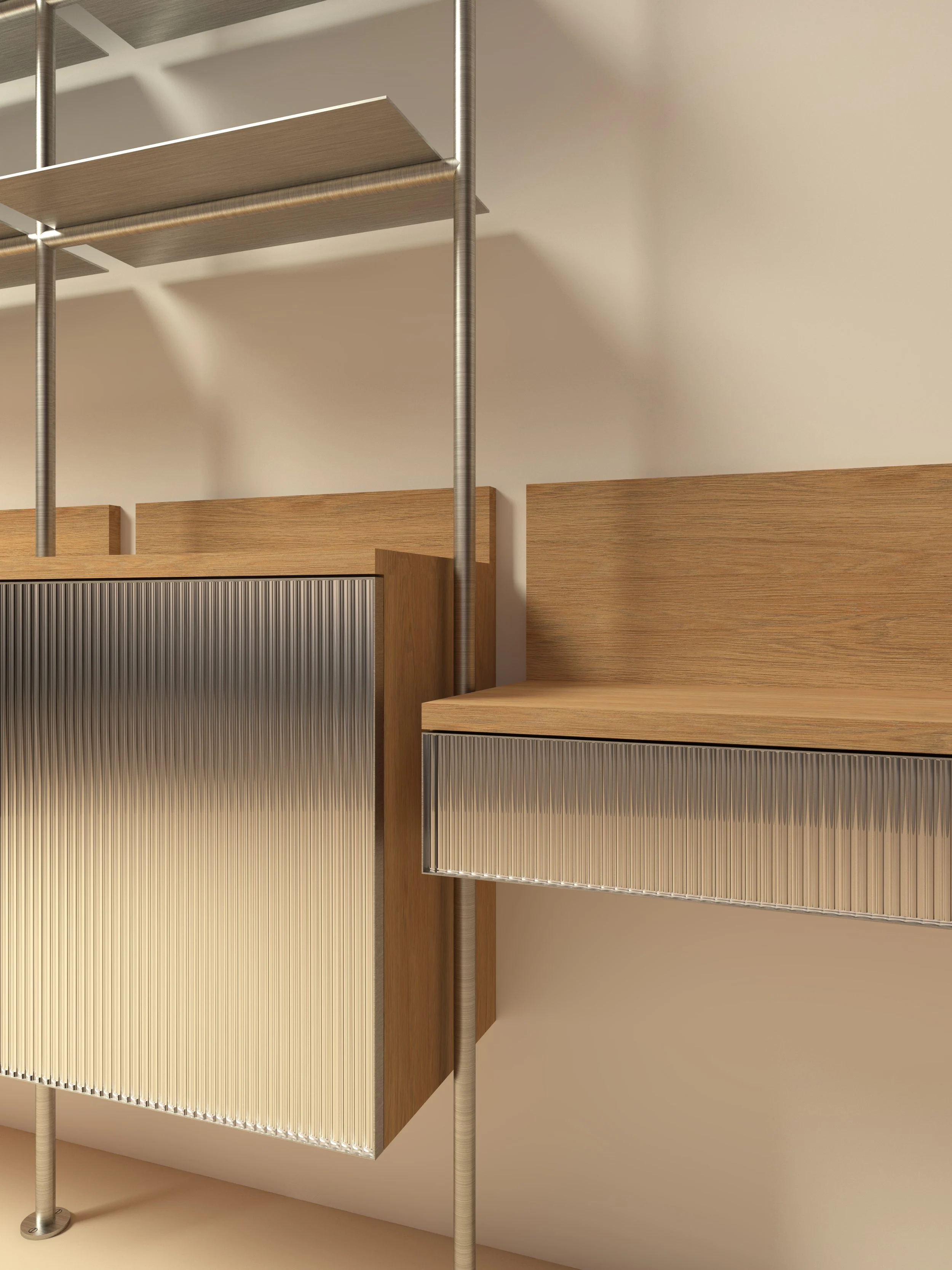 Detail rendering of wood, wall-mounted cabinets with minimalist steel shelving, and reflective, reeded glass cabinet doors