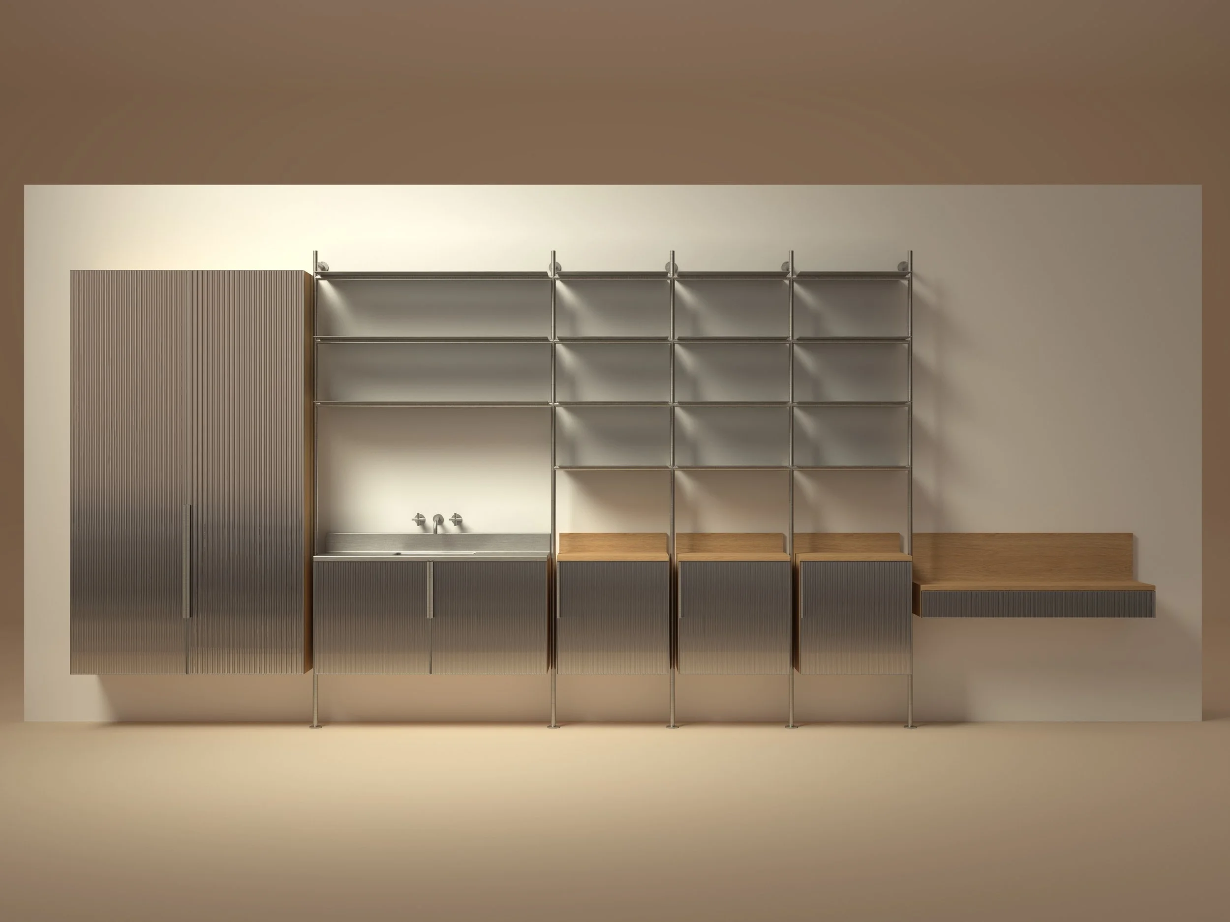 Rendering of complete assembly of Case Study 2 by Odami, with full-height wardrobe, sink vanity, minimalist steel shelving, and floating wood desk