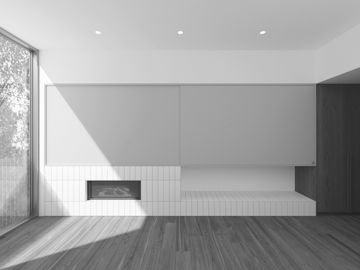 Animated rendering of fireplace and sliding panel to hide and reveal television