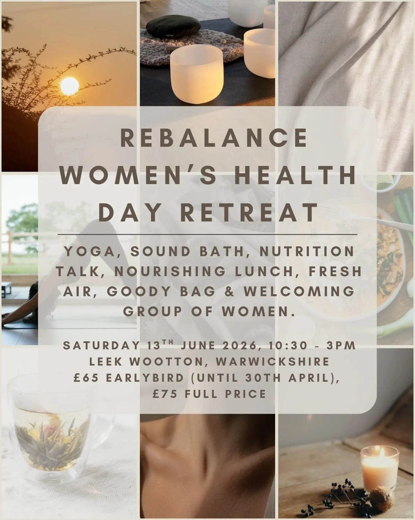 🌱 Rebalance - Women&rsquo;s Health Day Retreat 🌱

I&rsquo;m super excited to share that I will be running a Women&rsquo;s Health Day Retreat for the very first time this June!!
 
Saturday 13th June, 10:30 - 3pm
Leek Wootton Village Hall 

Here&rsqu