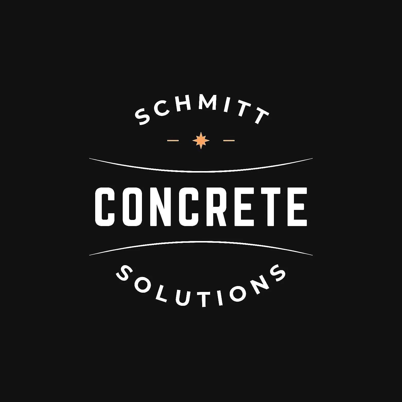 A black background with white text reading 'SCHMITT CONCRETE SOLUTIONS' arranged in a circular pattern, with decorative lines and a small star in the center.
