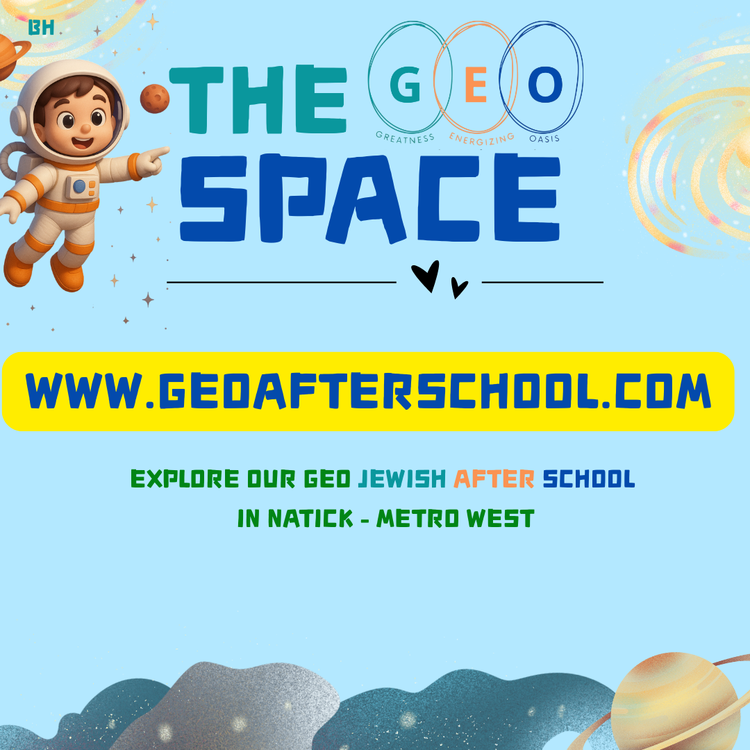 An advertisement for The Geo Space, an after-school exploration program focused on Jewish geography in Natic-Metro West. Features a cartoon astronaut floating in space with planets and stars, and a colorful, space-themed background.