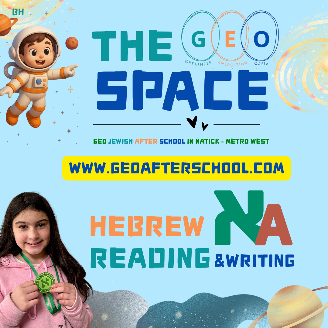 A colorful promotional poster for the GEO Space educational program. It features a cartoon astronaut on the left, a smiling girl holding a medal on the bottom left, and colorful text about space, reading, and writing. The website www.geafter-school.c