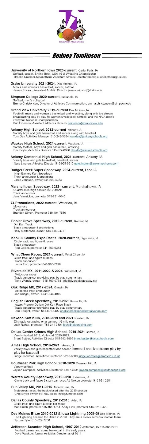 Rodney Tomlinson with Tomlinson Announcing Resume