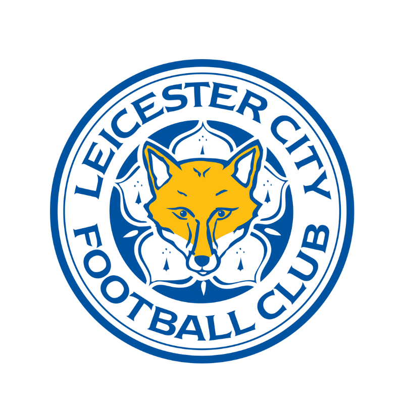 Leicester City Football Club logo with a yellow fox head on a blue and white background.