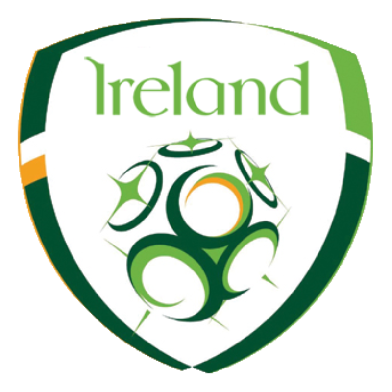 Ireland soccer logo with stylized ball and green shield design.