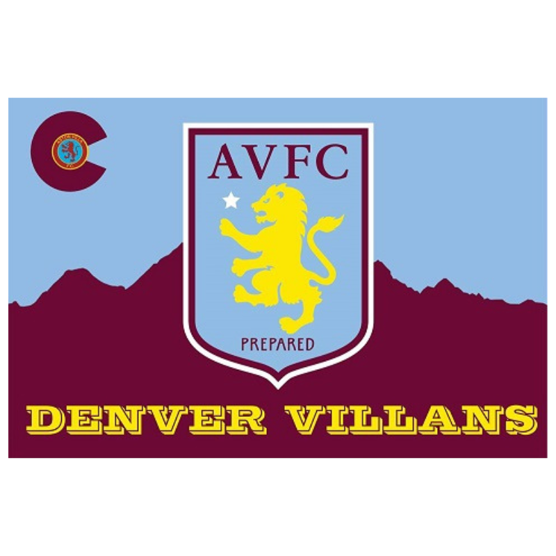 Logo image of "Denver Villans" featuring the AVFC emblem with a yellow lion on a sky blue and maroon mountain background.