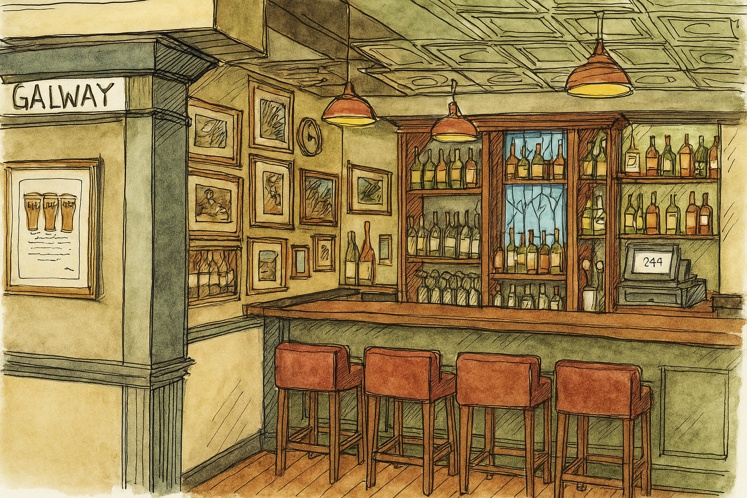 Illustration of a cozy pub interior, featuring a wooden bar with four stools, shelves stocked with bottles, framed artwork on the walls, pendant lighting, and a sign that reads 'Galway.'"