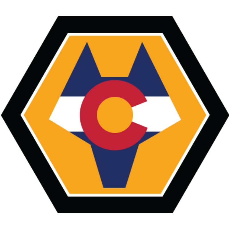Hexagonal logo featuring a stylized wolf face with a Colorado flag design, including a red 'C' and yellow circle on a blue background.