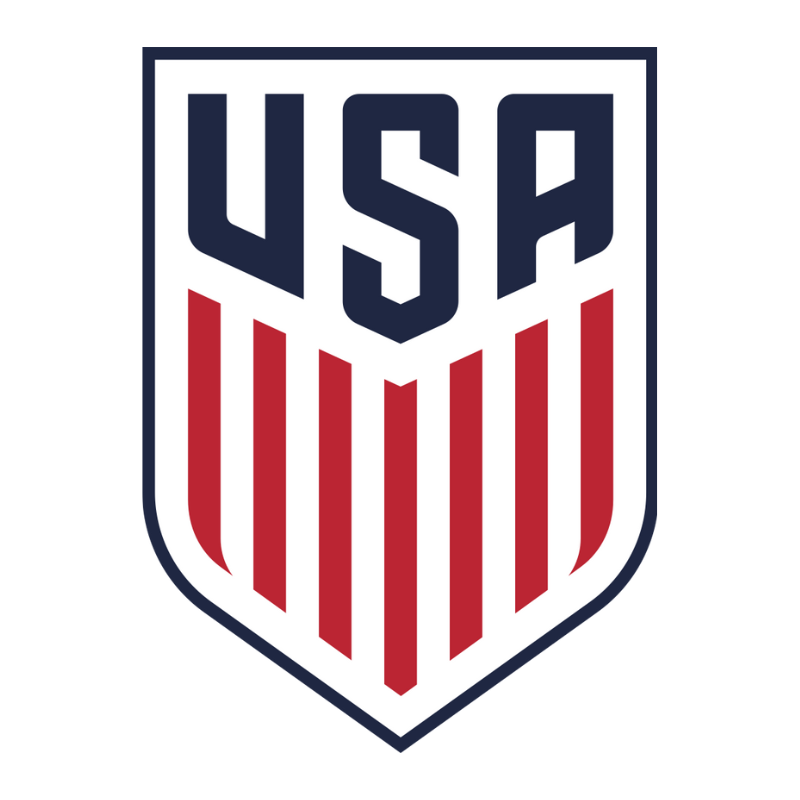 USA soccer team logo with red and white stripes and blue letters.