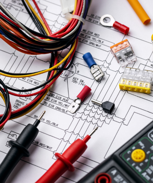 Electrical diagrams with wires overtop and various electrical tools