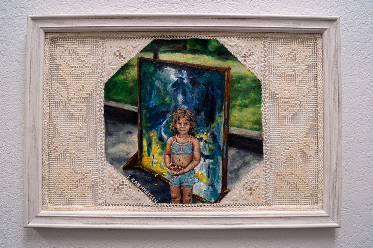 In My Element, c. 2025, Oil on vintage handmade lace, 16.5" by 10.5"