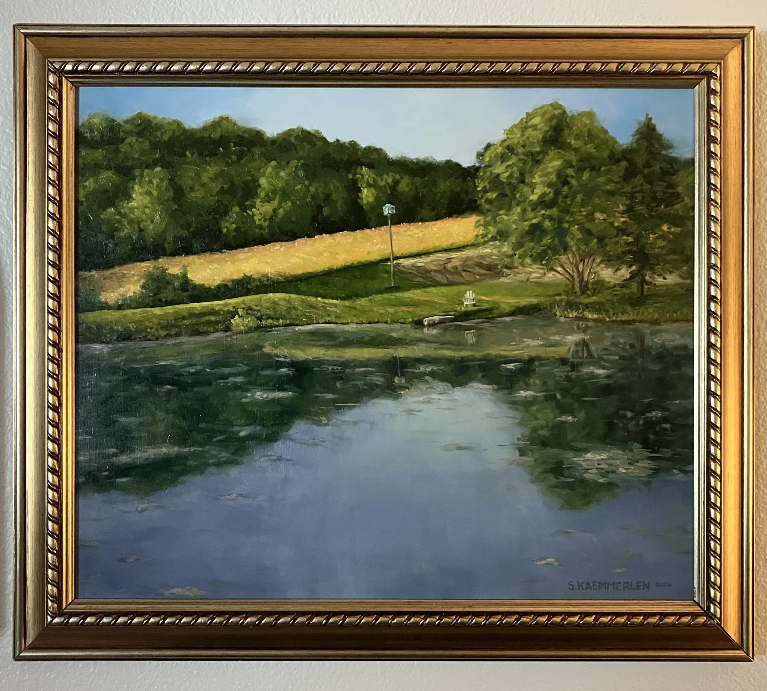 Windrush, c. 2026, oil on Masonite, 20" x 24". Framed with vintage gold frame. 