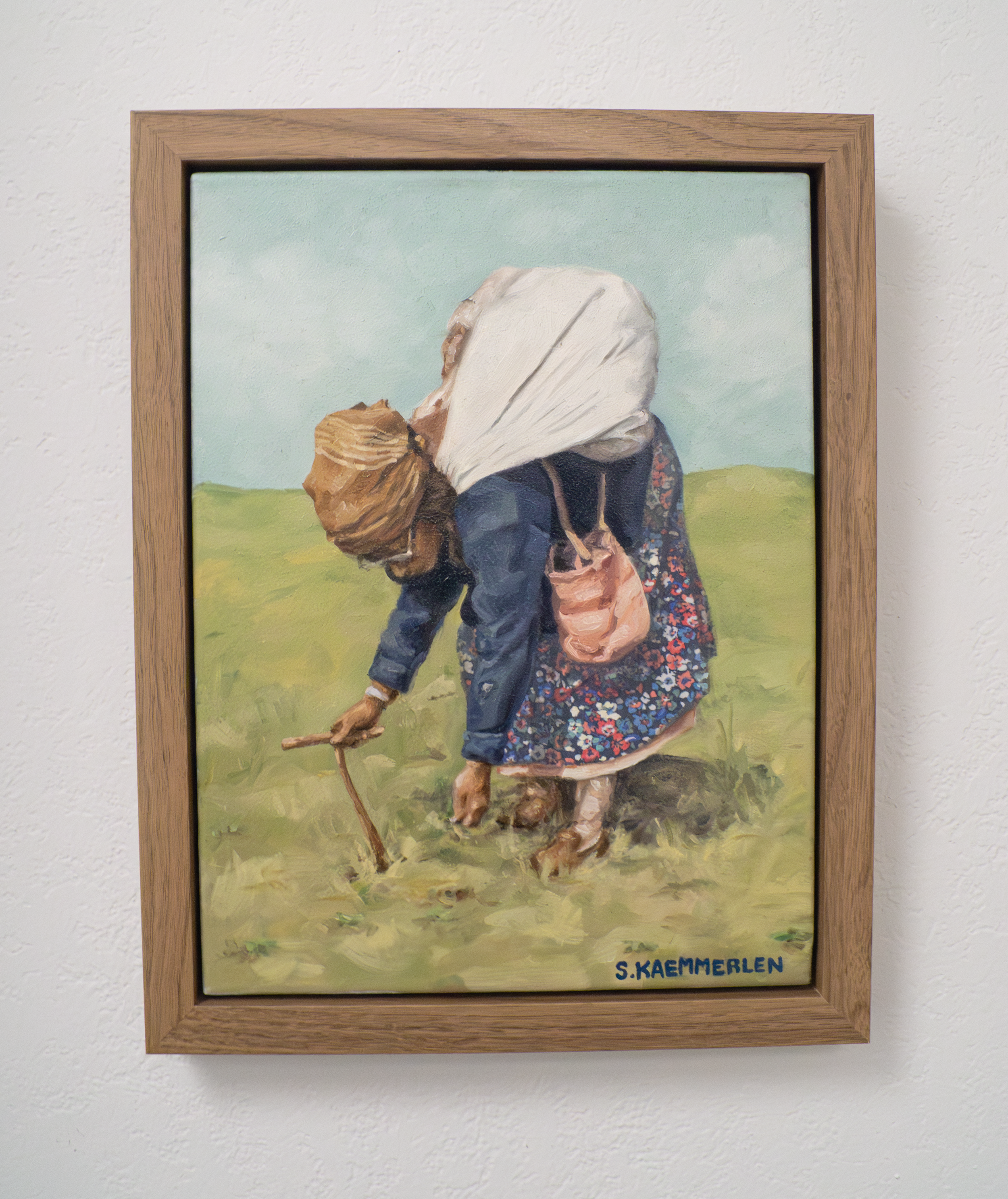 Bitterroot | Resurrection Flower, c. 2025 , oil on floral patterned fabric, 9” by 12” (10.75" by 12.75" framed)