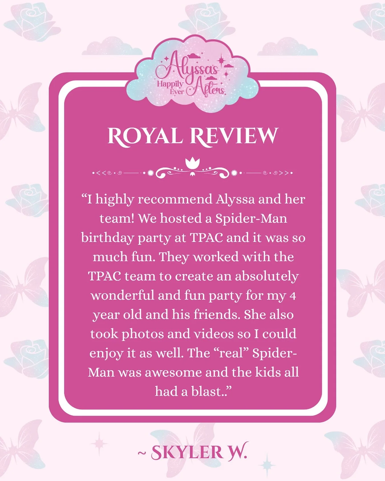 ⭐️⭐️⭐️⭐️⭐️ 

✨Royal Review✨

Have you had a celebration with us? Did your cast members do a magical job? It would mean the world to us if you left a review! As a small business your experience means the world to us!! 

Click the link in our bio to sh