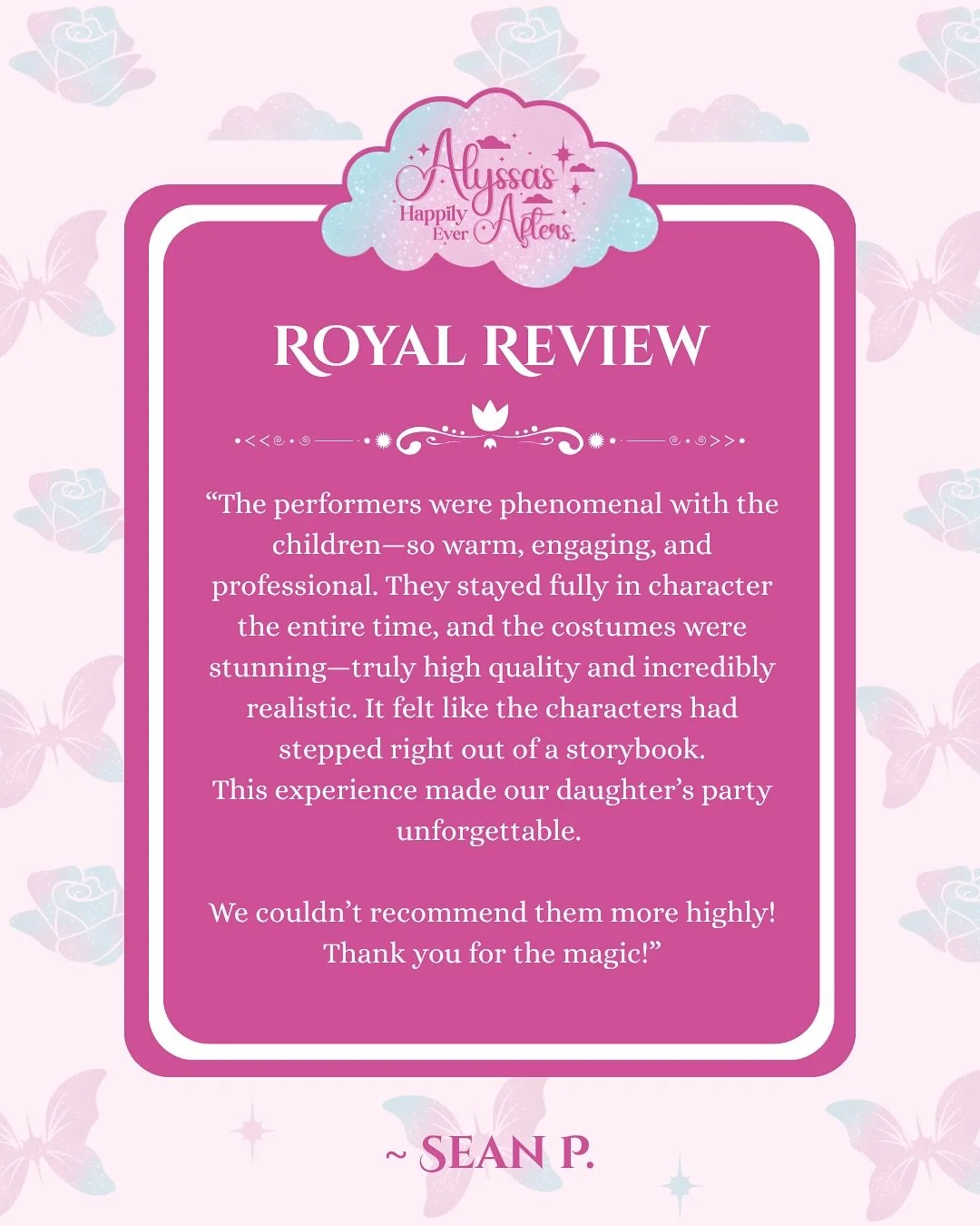 ⭐️⭐️⭐️⭐️⭐️ 

✨Royal Review✨

Have you had a visit with us? Did your cast members do a magical job? 

It would mean the world to us if you left a review! As a small business your experience means the world to us!! 

Click the link in our bio to share 