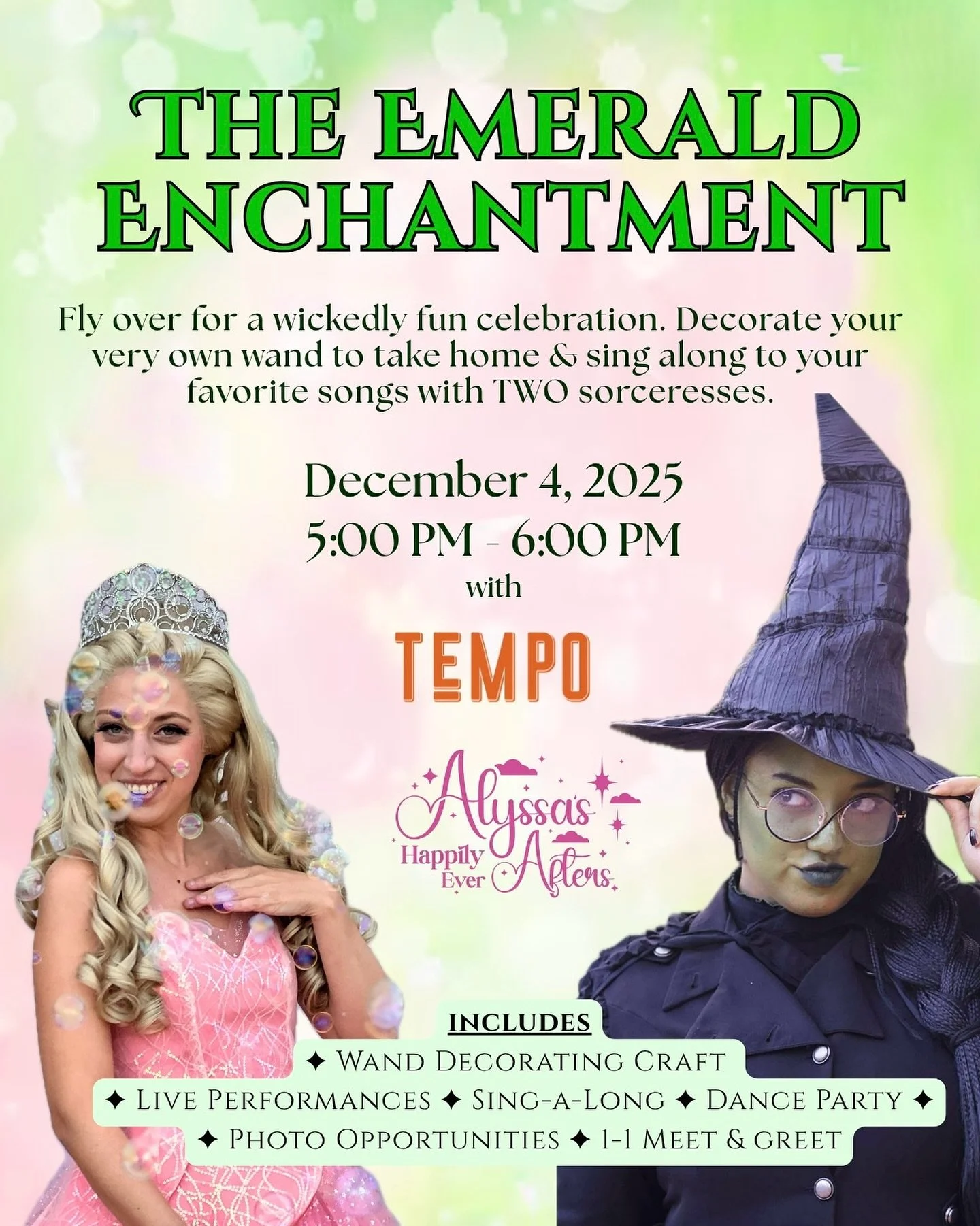 💚 Welcome to The Emerald Enchantment!

Fly over for a wicked celebration at @tempokitchencocktails in Waltham, MA! ✨

Join us for an unforgettable evening of music, magic, and creativity, where families can experience the enchantment of our two Sorc