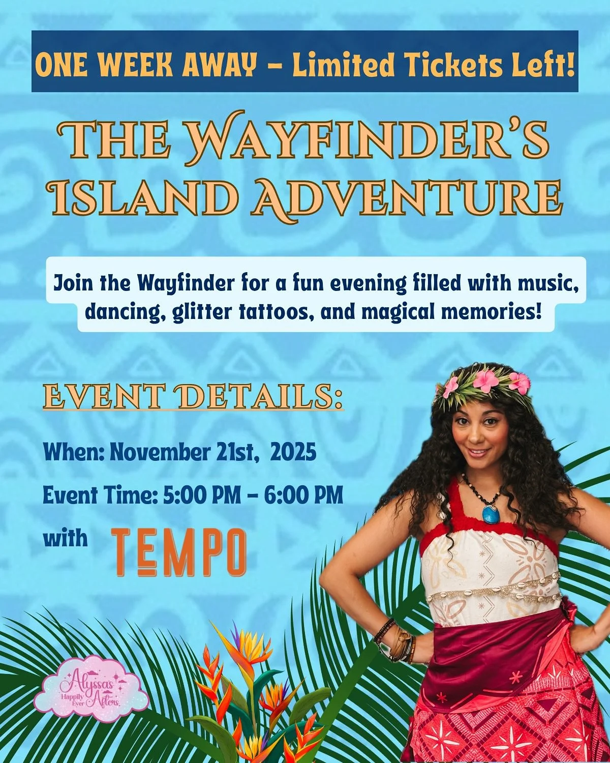 🌊✨ ONE WEEK AWAY ✨🌺

Don&rsquo;t miss your chance to meet the Wayfinder at @tempokitchencocktails on November 21st from 5:00&ndash;6:00 PM! 🌴

Limited Tickets Available 

🎤 Sing alongside the Wayfinder 
💃 Learn a special dance and perform it liv