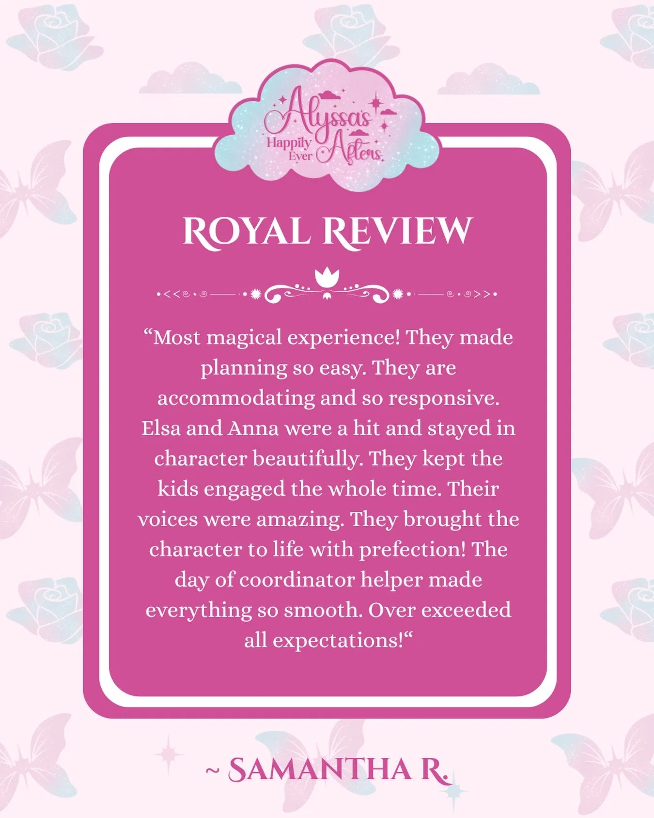 ✨Royal Review✨ 

⭐️⭐️⭐️⭐️⭐️ 

Have you had a visit with us? Did your cast members do a magical job? 

It would mean the world to us if you left a review! As a small business your experience means the world to us!! 

Click the link in our bio to share